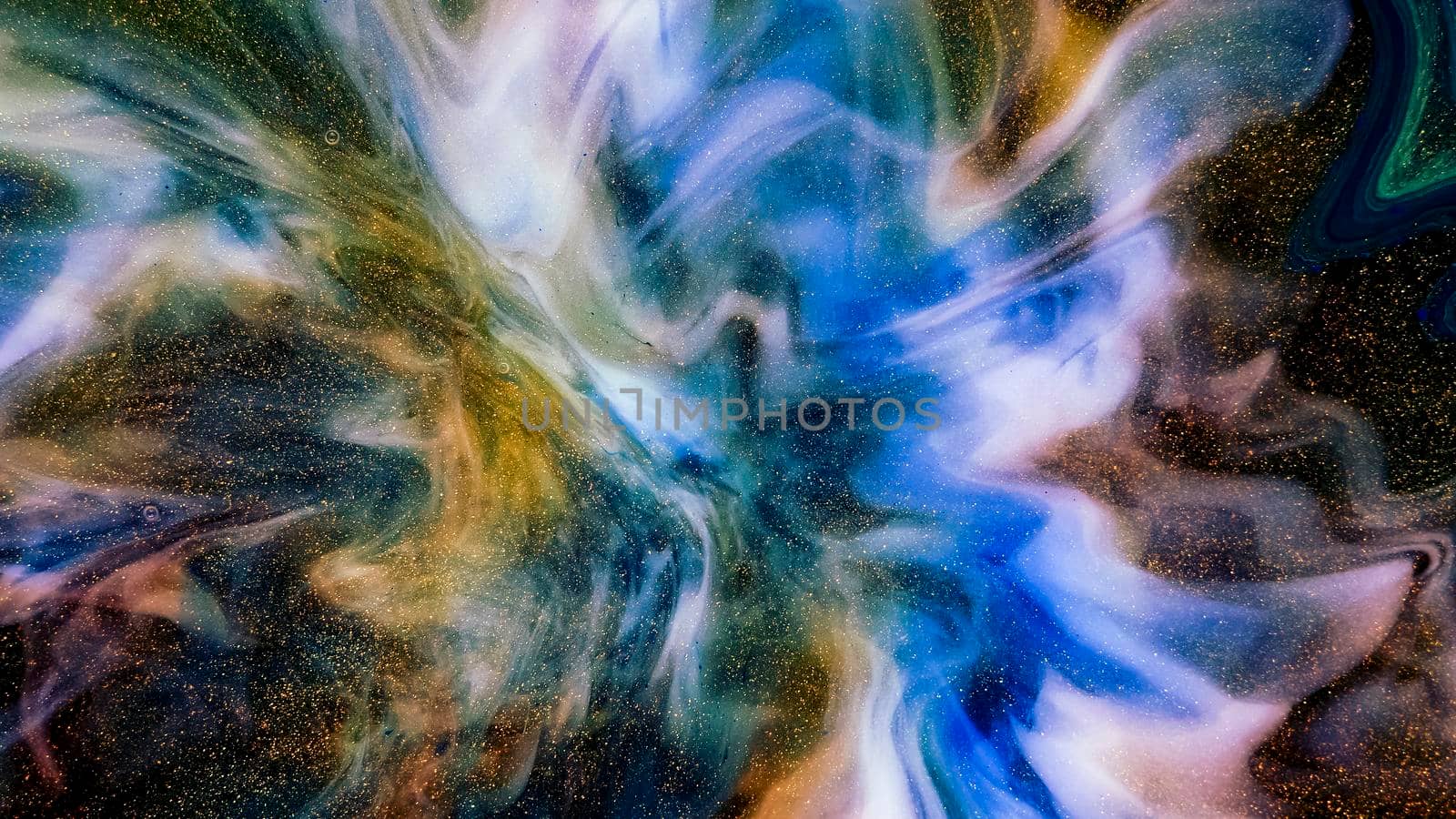 Fluid paint art, marble abstractions in blue, purple, black and gold. Deep inky shining spaces. Abstract unique colorful background. Macrocosm. Artistic painting of natural spreading. Abstract textural art. Liquid forms of design. Ink transitions. Colorful cell background, splash screen, background.