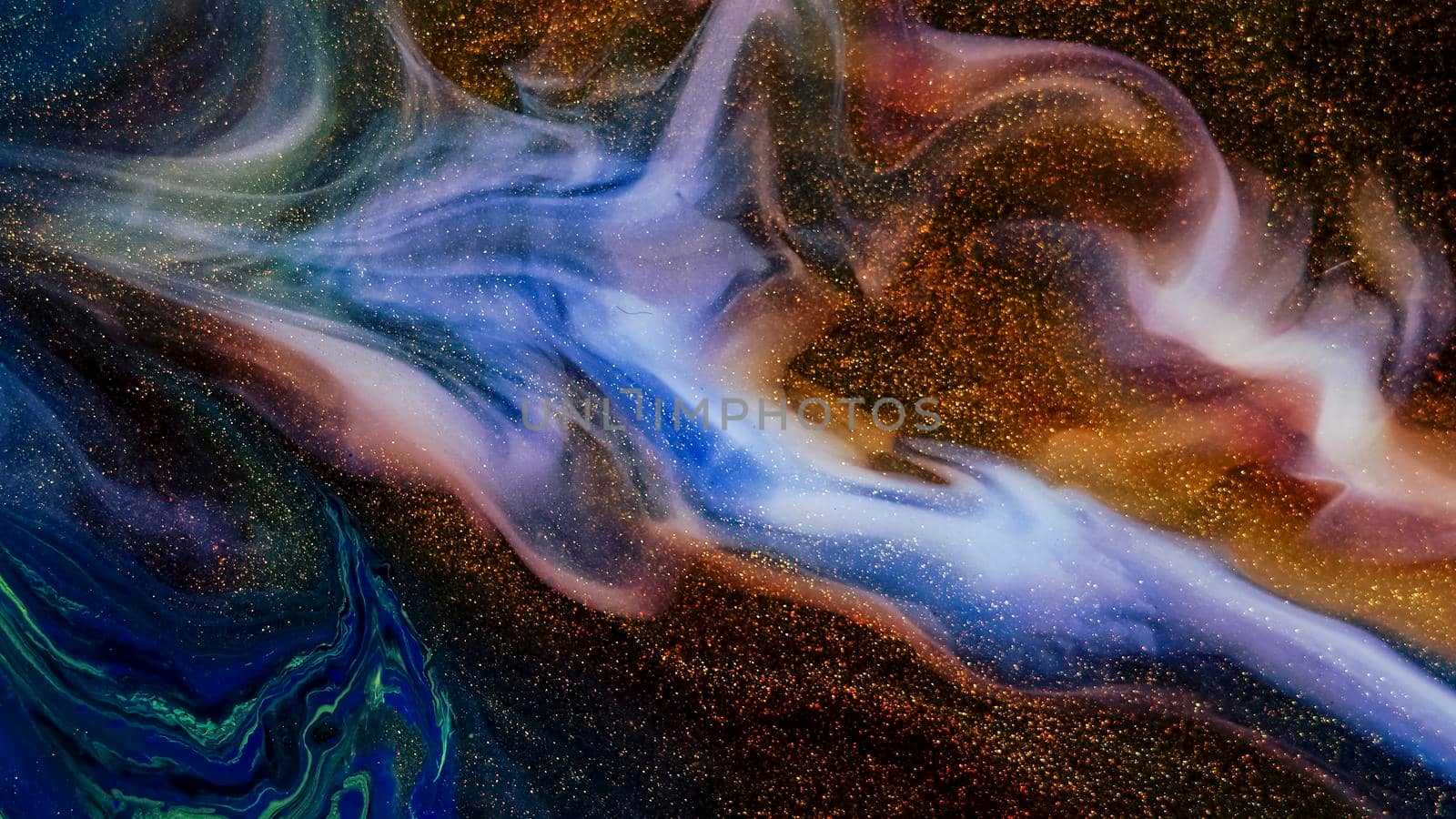 Fluid paint art, marble abstractions in blue, purple, black and gold. Deep inky shining spaces. Abstract unique colorful background. Macrocosm. Artistic painting of natural spreading. Abstract textural art. Liquid forms of design. Ink transitions. Colorful cell background, splash screen, background.