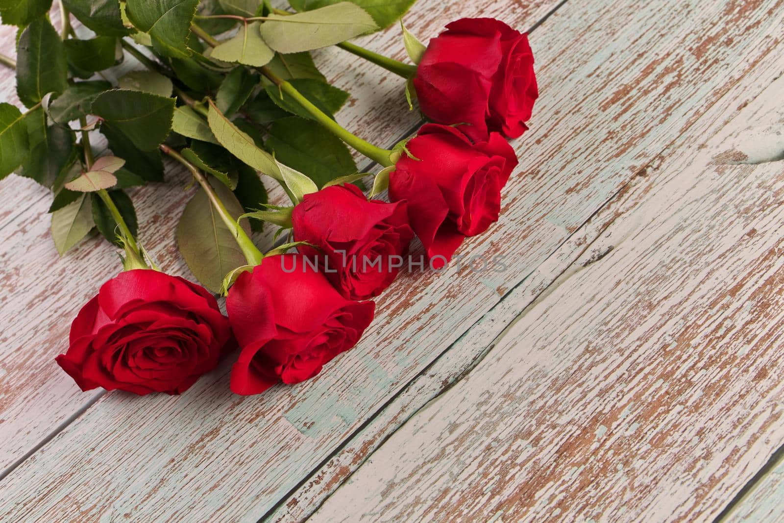 High Angle View of Red Roses on Rustic Wood Table. There are 5 roses in total. High quality photo