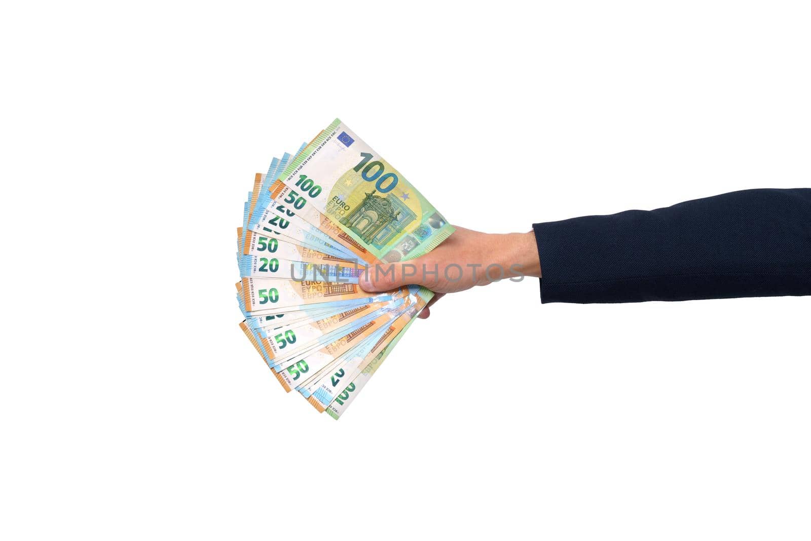 Man hand with euro cash money isolated on white background. High quality photo