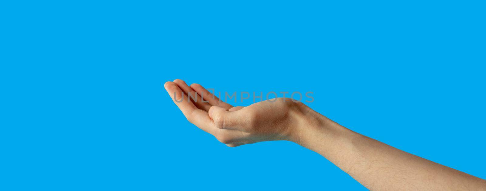 The hand is extended palm up.The hand is open and ready to help or accept. A gesture highlighted on a blue background