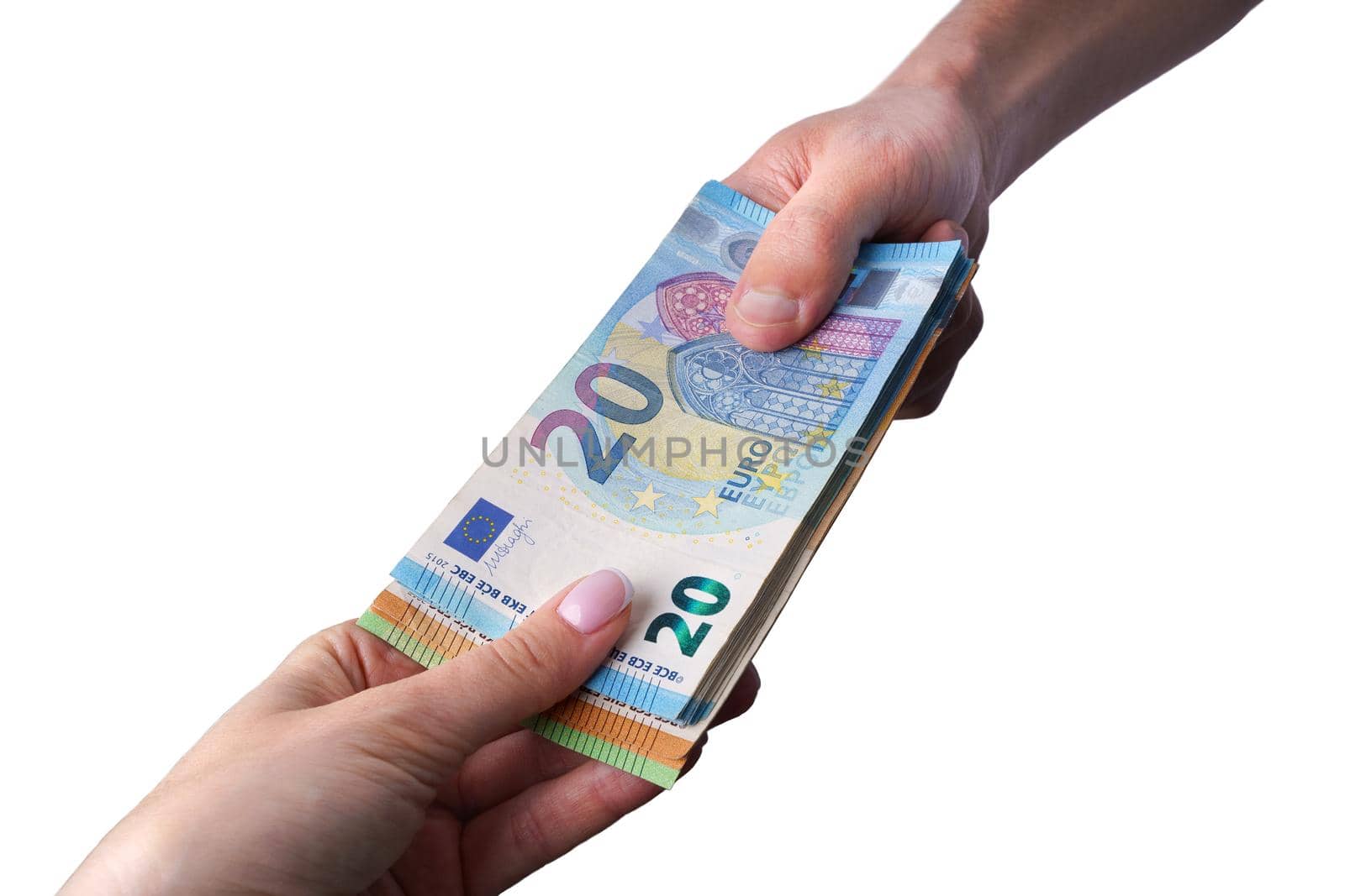Hands giving cash euro money isolated on white background. Lending money by DariaKulkova