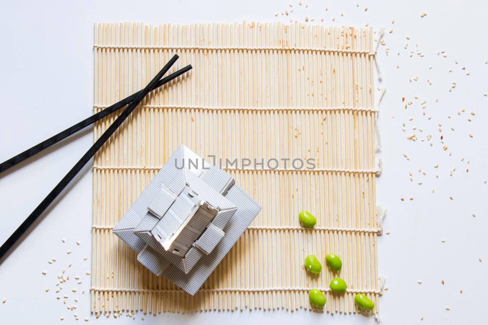 Asian food background, chopsticks, asian mini house and other objects