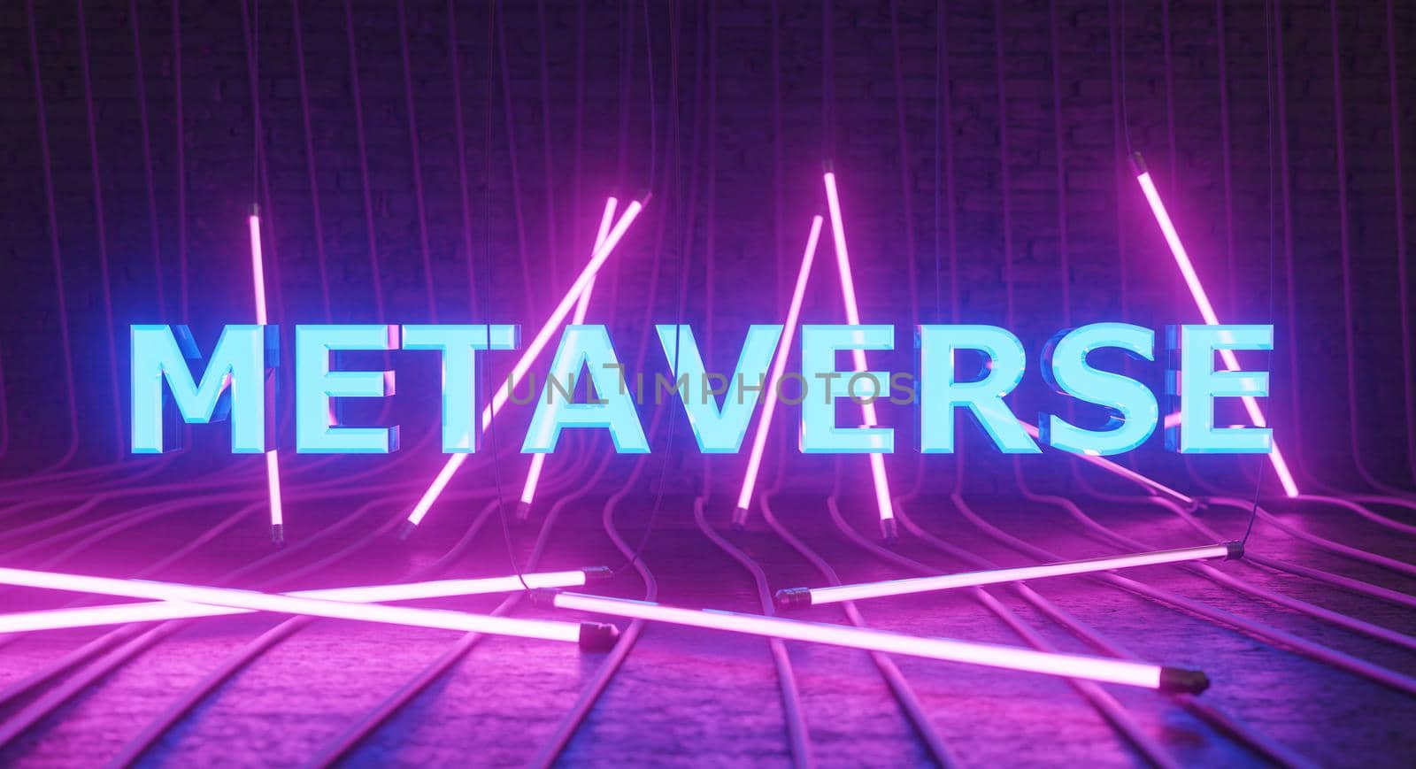 METAVERSE light sign with neon bars hanging around and wires on the ground. urban style. concept of metaverse, nft, cryptocurrencies, future, decentralized, play to earn and video games. 3d rendering