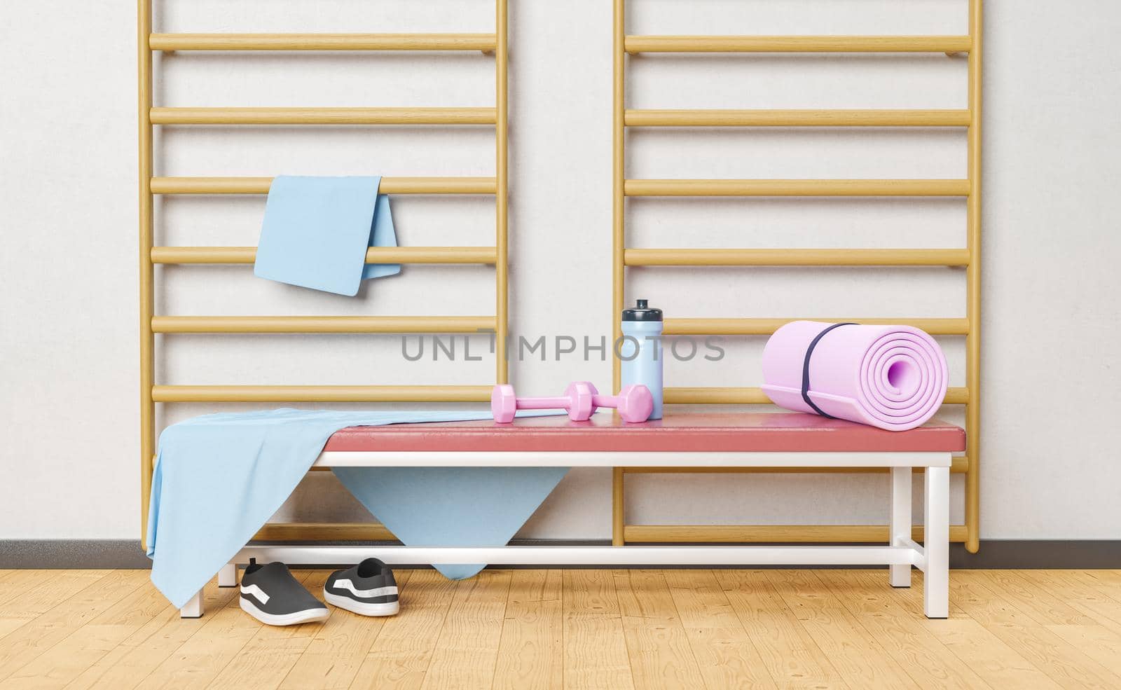 gym background with a bench, sneakers, water bottle, dumbbells and mat. concept of exercise, yoga, pilates, healthy living and training. 3d rendering