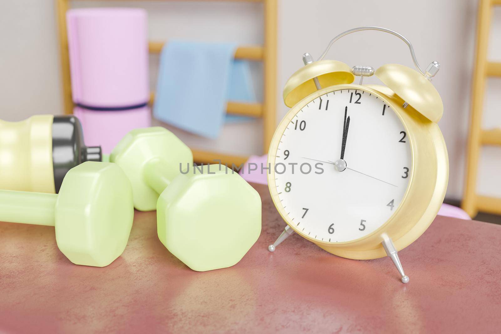 alarm clock on a gym bench with exercise equipment next to it. concept of training time, breaks, control and healthy life. 3d rendering