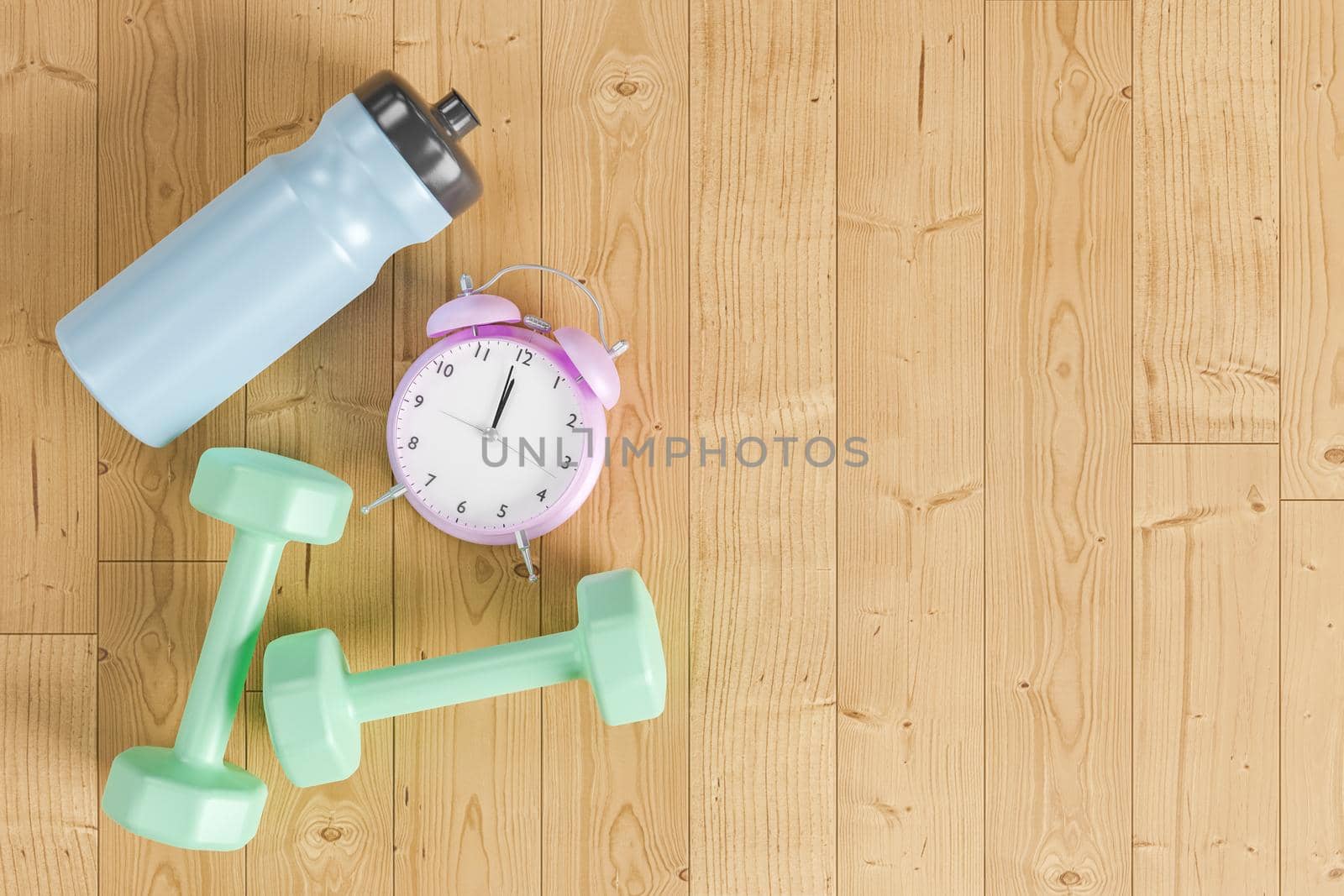top view of dumbbells, water bottle and alarm clock on parquet floor and space for text. concept of workout time, healthy living, home exercise and getting fit. 3d rendering