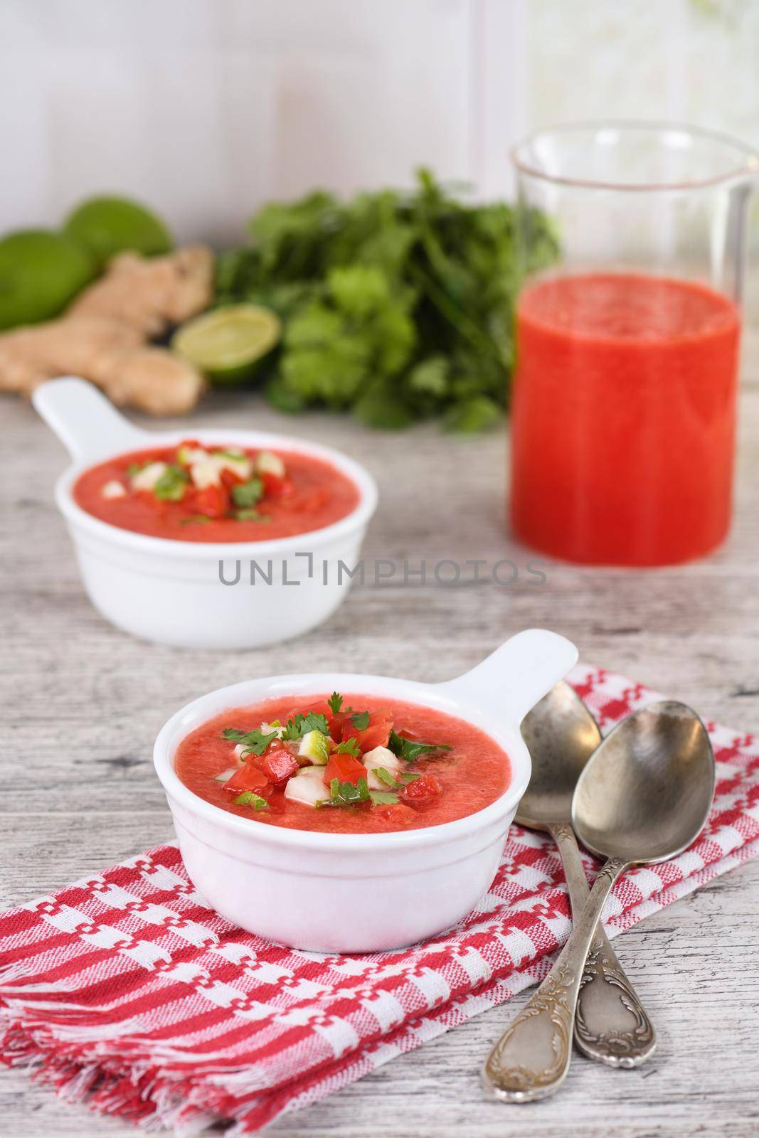 Watermelon tomato gazpacho in bowls by Apolonia