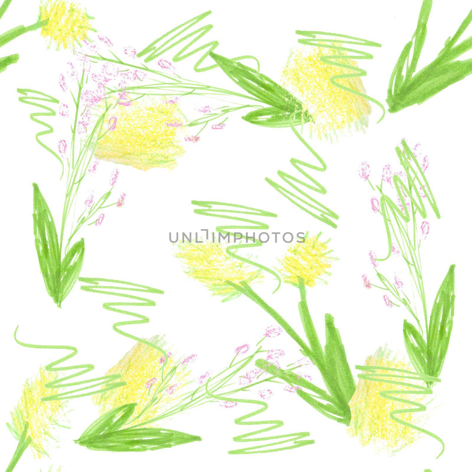 Seamless Pattern Design Pastel Drawn Bright Floral Pattern with Colorful Leaves and Blooming Dandelion Flowers on White Background.