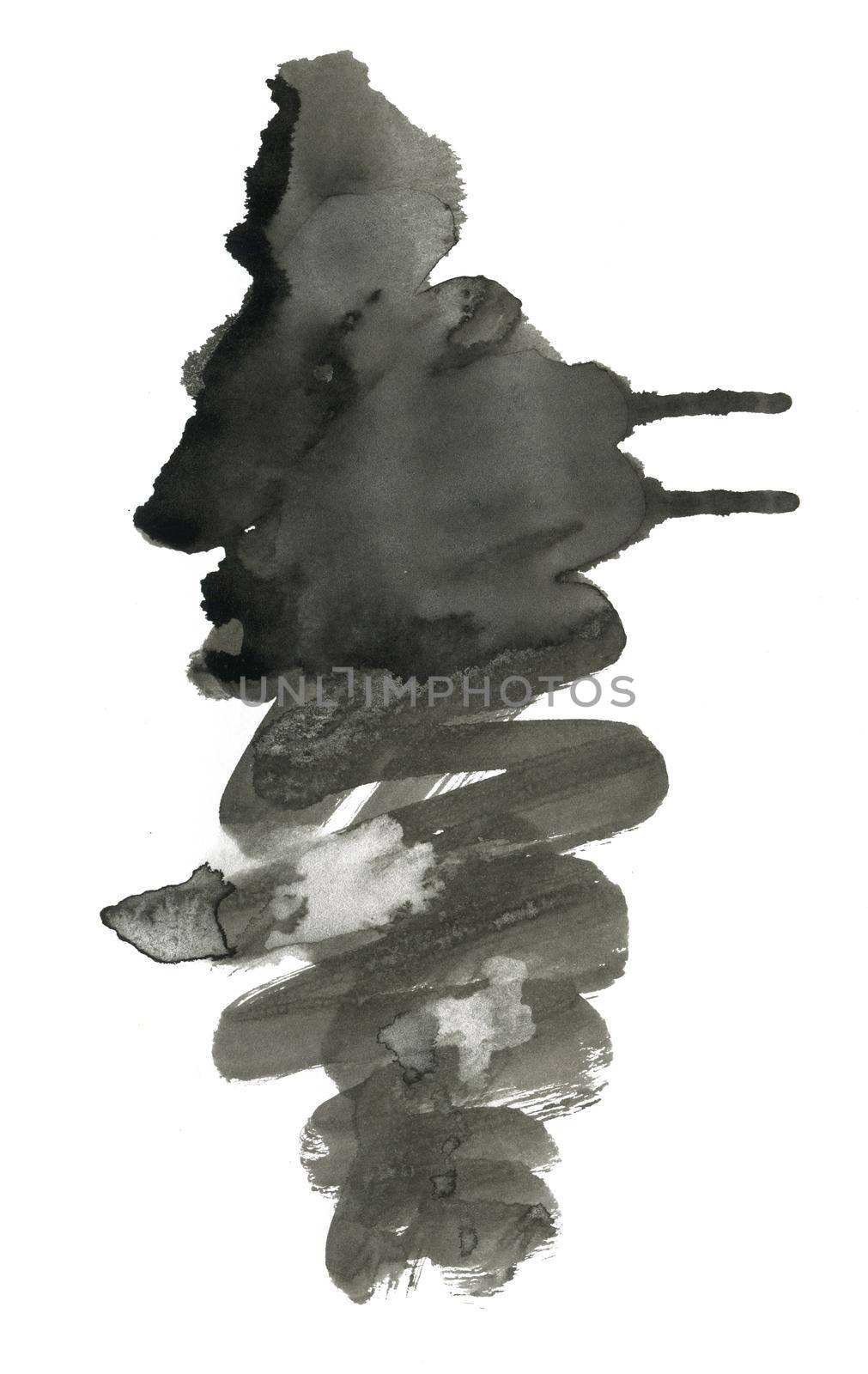 Black Hand drawn Abstract Watercolor Stain Isolated on White Background. by Rina_Dozornaya