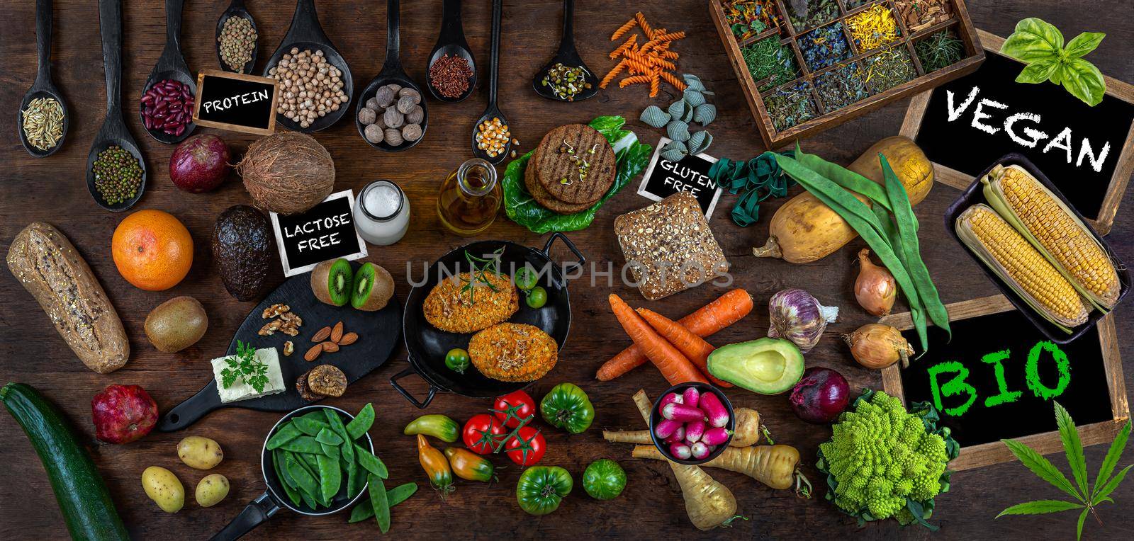 Vegan food exclusively vegetable panorapic top view by JPC-PROD