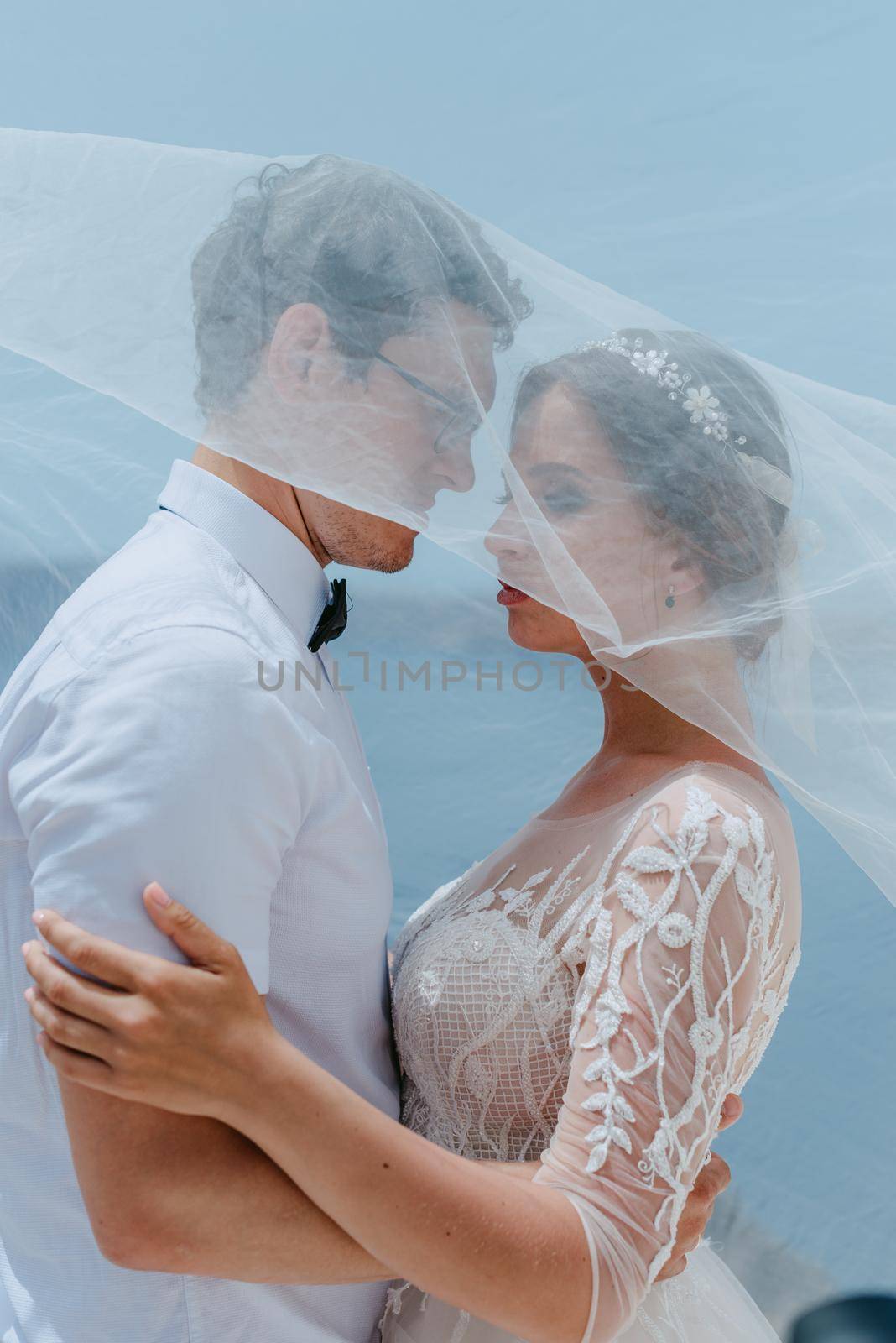 beautiful bride and groom hugging and kissing under the bridal veil in their summer wedding day on greek island Santorini by Andrii_Ko
