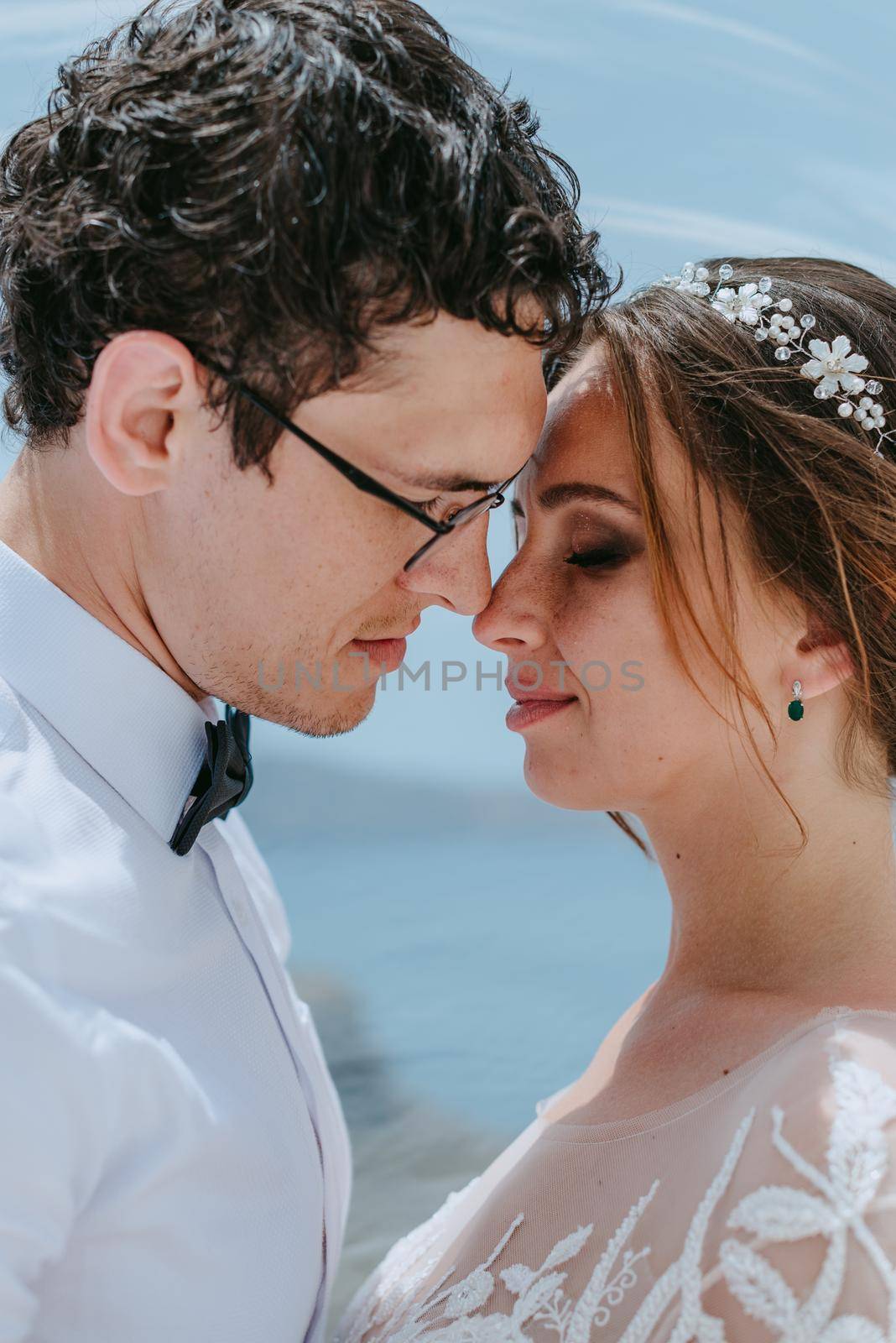 beautiful bride and groom hugging and kissing under the bridal veil in their summer wedding day on greek island Santorini by Andrii_Ko