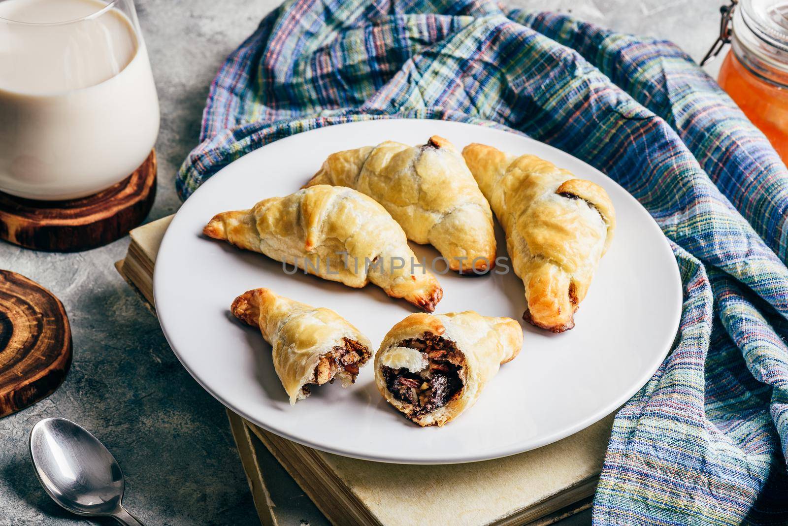 Chocolate croissants with milk for breakfast by Seva_blsv