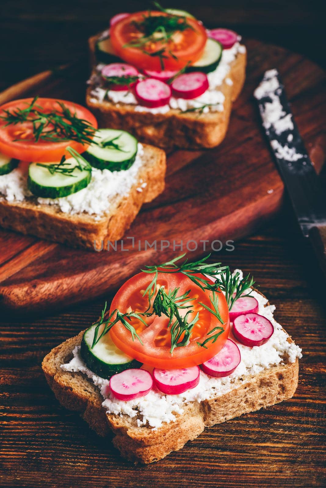 Vegetarian sandwiches with fresh sliced tomatoes, cucumber and radish