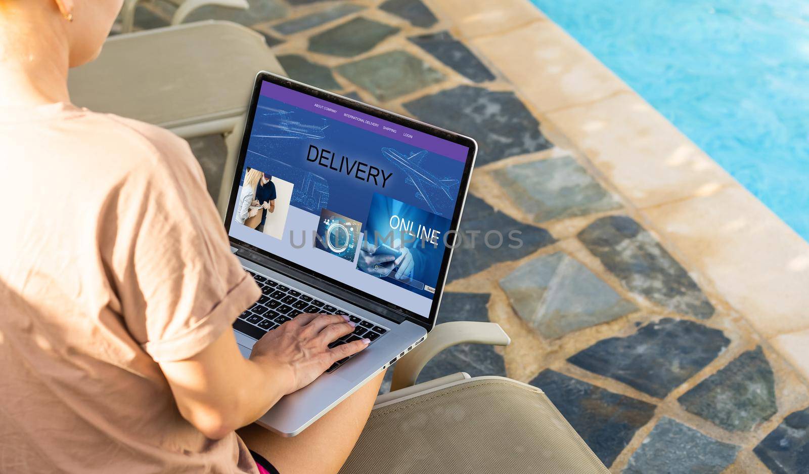 delivery icon on laptop keyboard. Online shopping, ecommerce and retail sale concept, delivery for customers ordering things from retailers websites using internet.