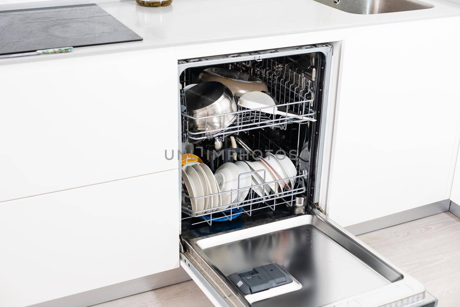 Modern dishwasher open, technology, kitchen