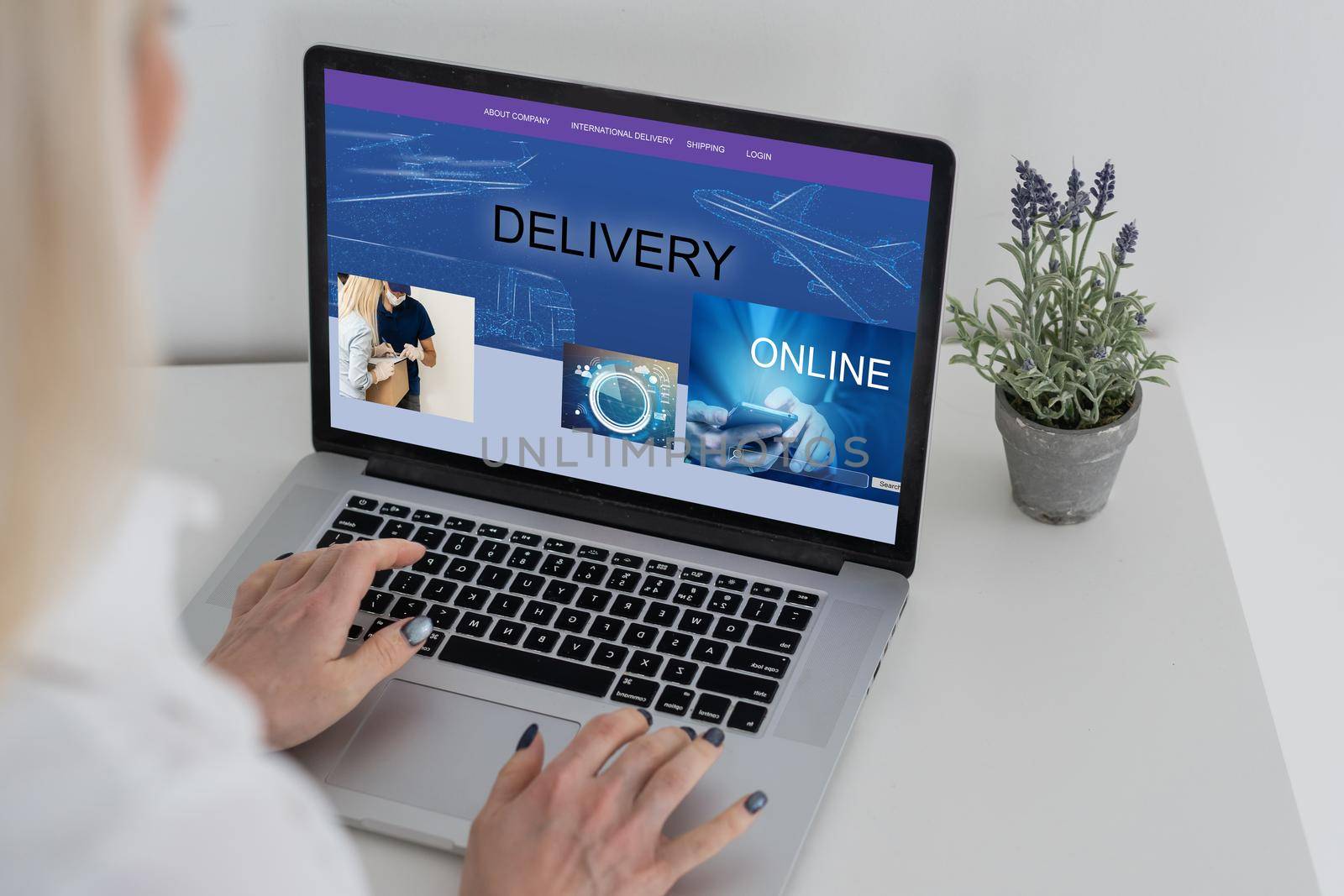 delivery icon on laptop keyboard. Online shopping, ecommerce and retail sale concept, delivery for customers ordering things from retailers websites using internet.