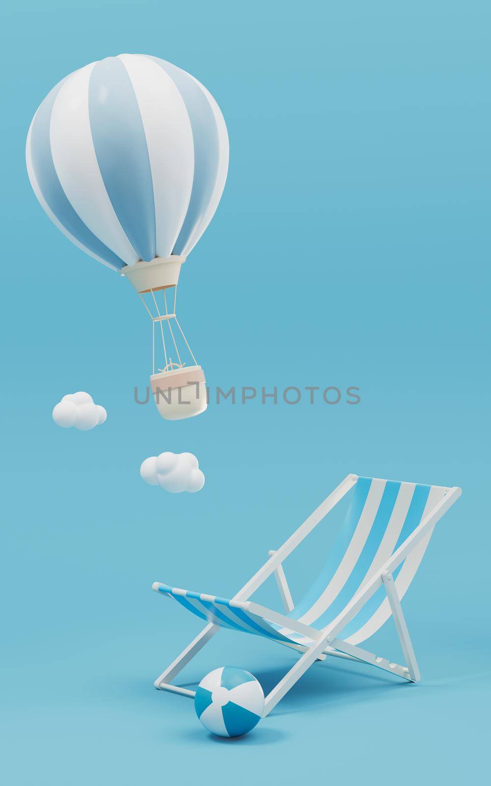 Hot air balloon and recliner with blue background, 3d rendering. Computer digital drawing.