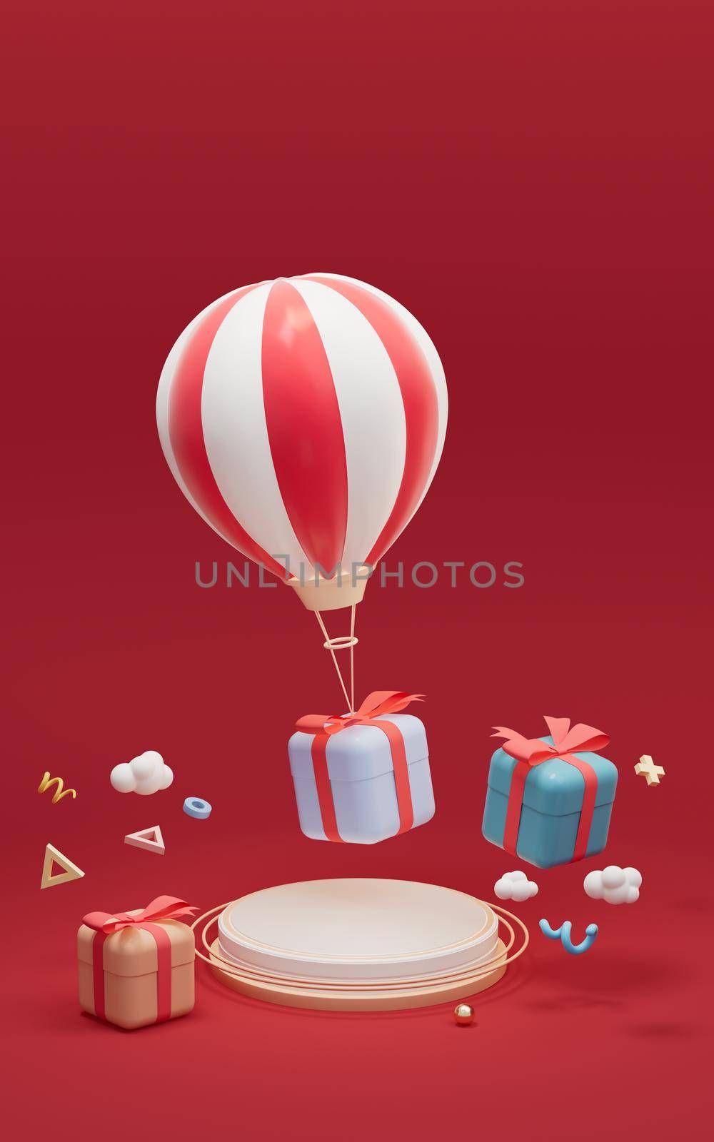 Empty stage and gifts with red background, 3d rendering. Computer digital drawing.