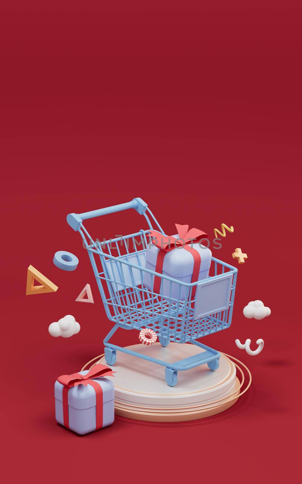 Shopping cart and gifts, shopping theme, 3d rendering. Computer digital drawing.