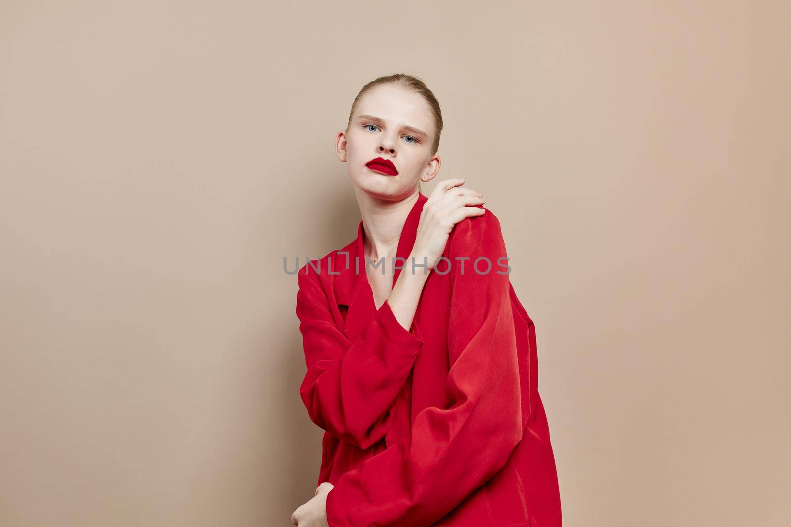 pretty woman red lips fashion jacket studio model unaltered by SHOTPRIME