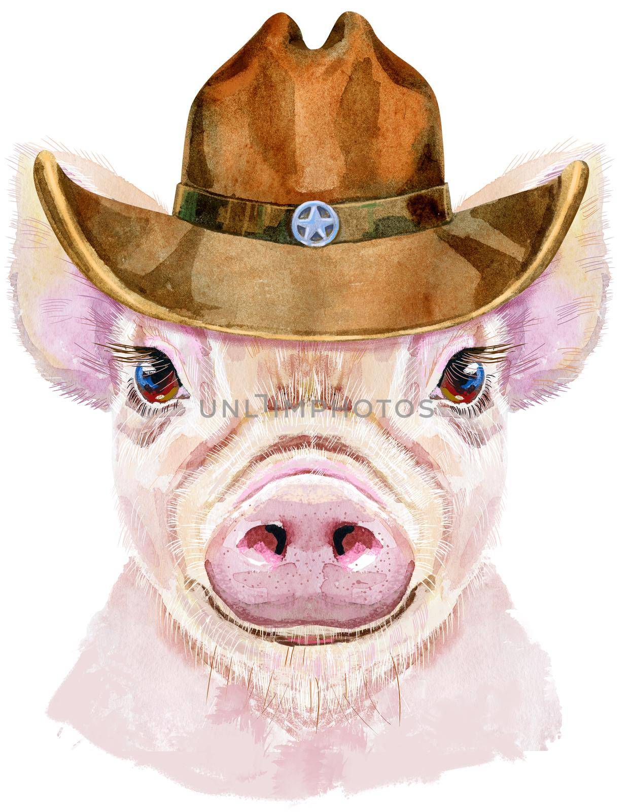 Cute piggy in cowboy hat. Pig for T-shirt graphics. Watercolor pink mini pig illustration
