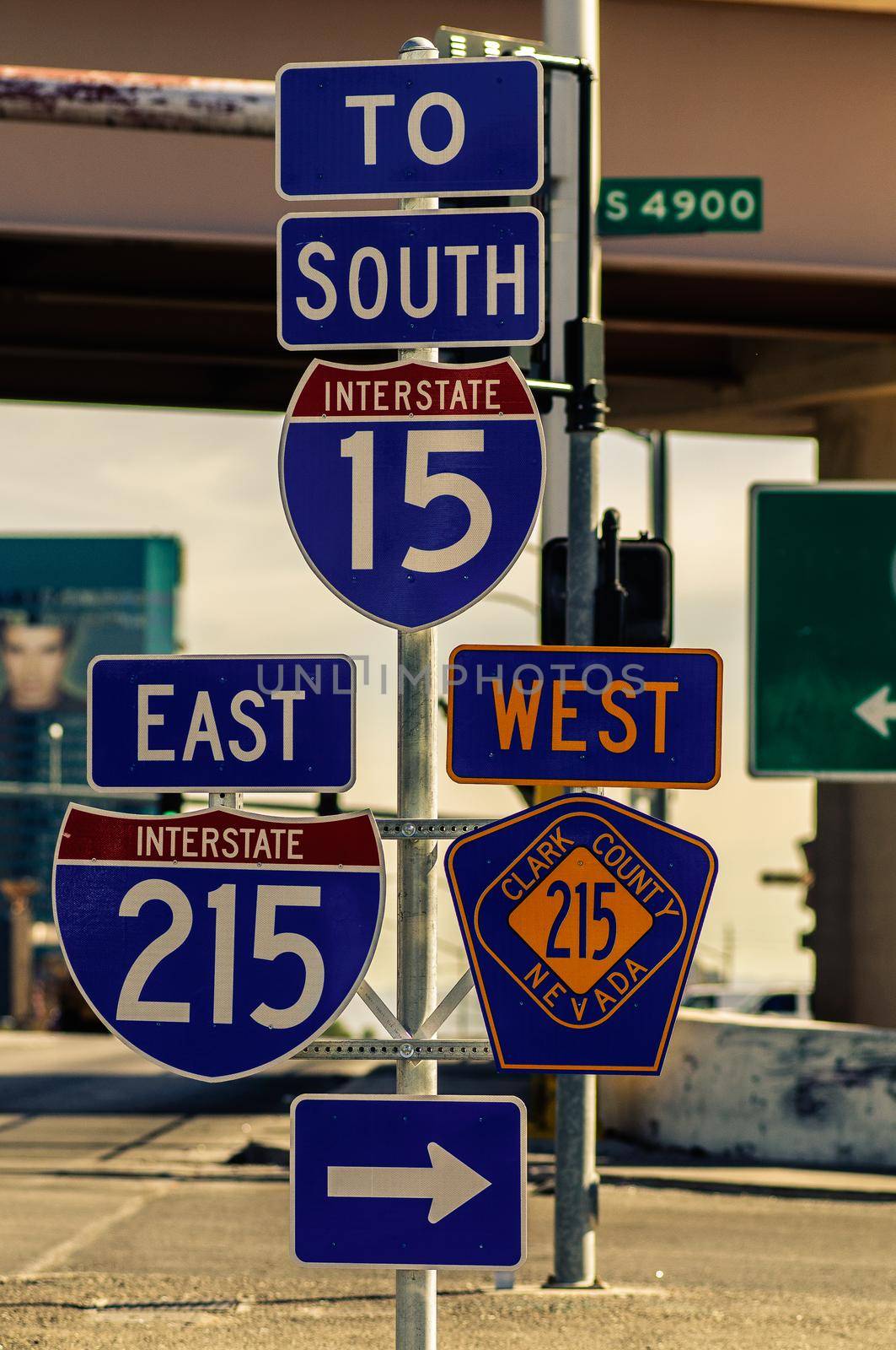 The Interstate Highway Signs USA. South east west signs on the road.