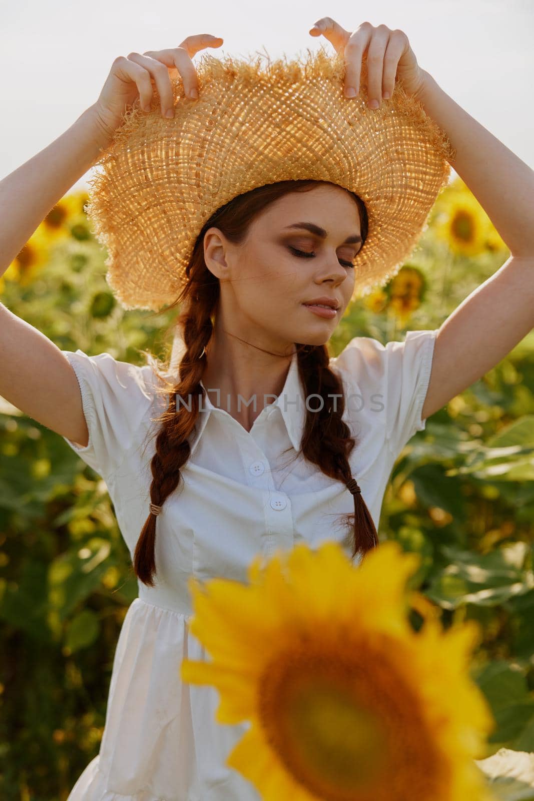 woman with two pigtails in a white dress walking on a field of sunflowers landscape by SHOTPRIME