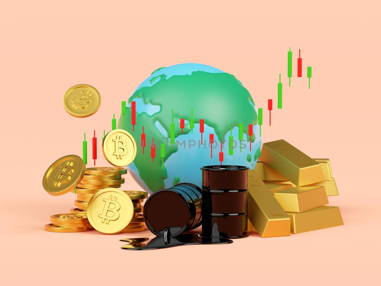 Bitcoin, oil barrels and gold with globe, 3d illustration