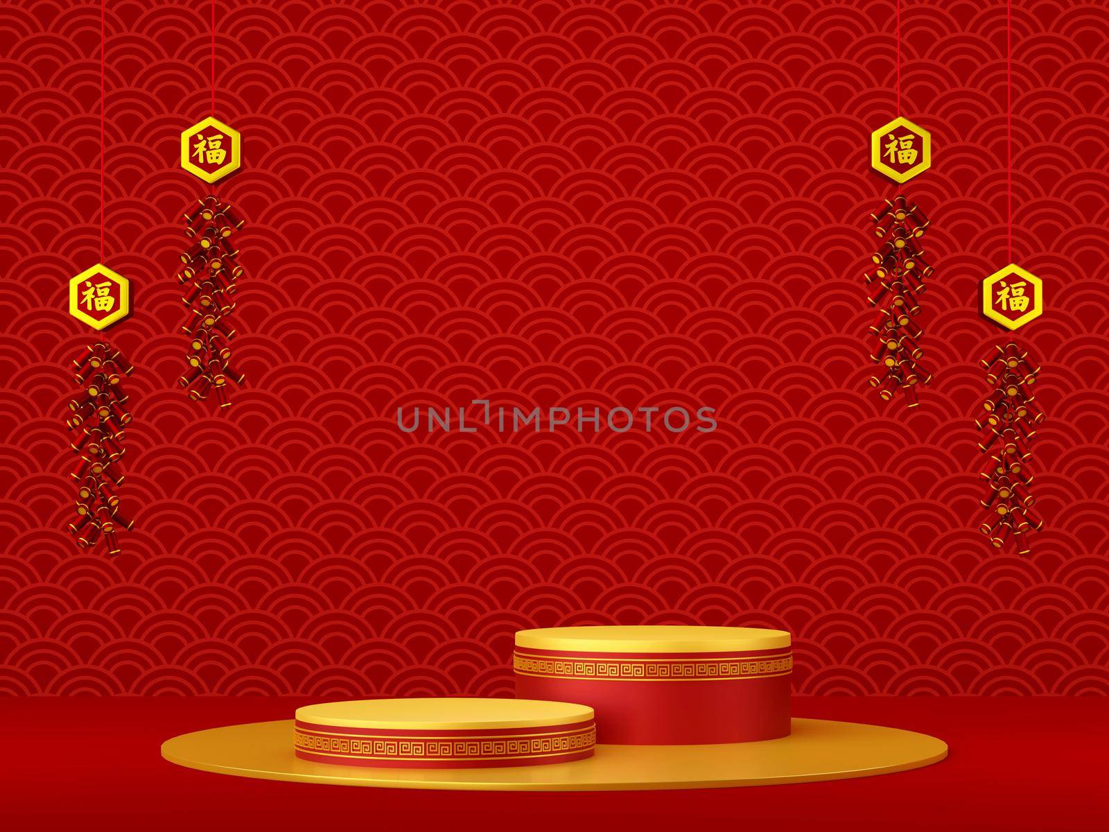 3d illustration of podium with Chinese cracker, Happy Chinese New Year by nutzchotwarut