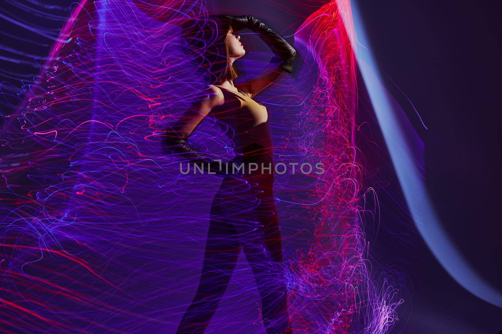 Portrait of a charming lady disco neon lines luxury fashion Lifestyle unaltered by SHOTPRIME