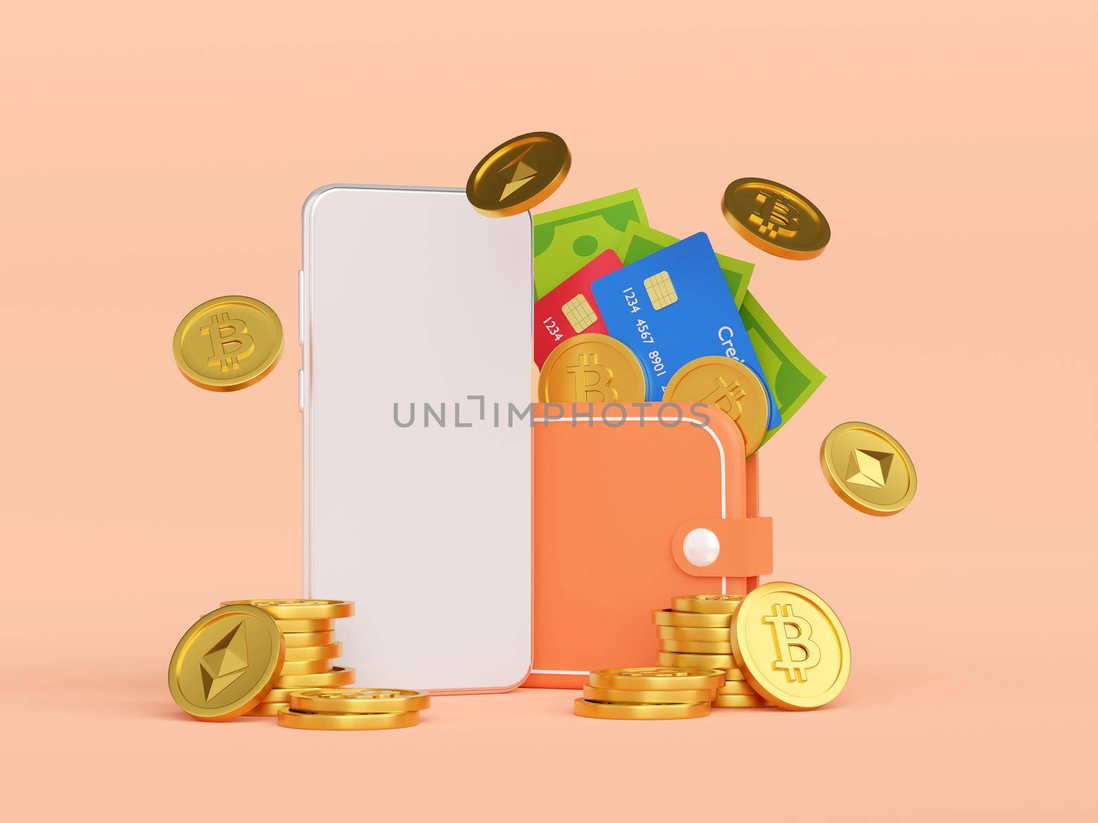 Cryptocurrency wallet application on smartphone, 3d illustration by nutzchotwarut