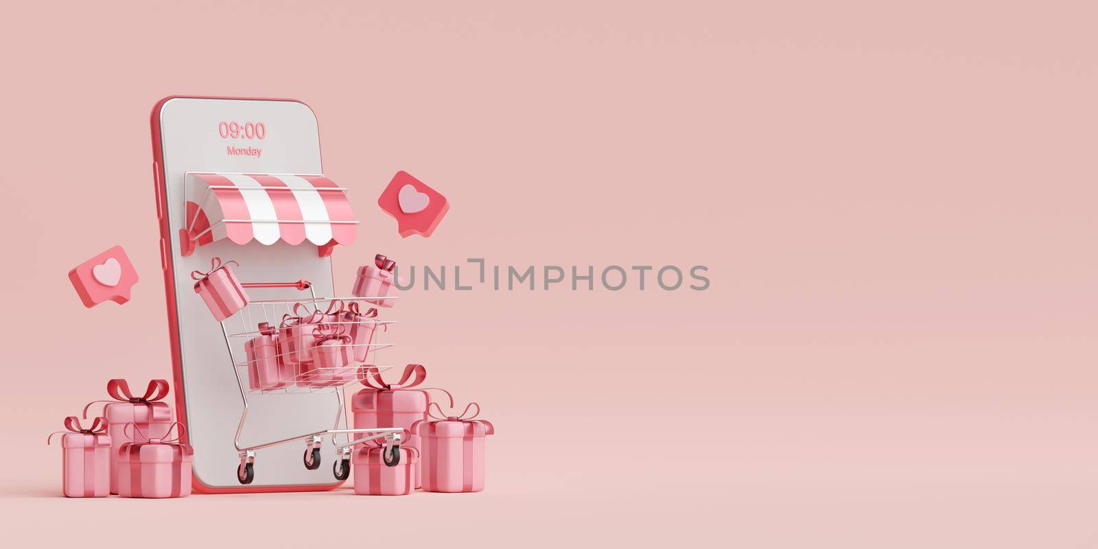E-commerce concept, Shopping online on mobile, Shopping cart and smartphone with gift box, 3d rendering by nutzchotwarut