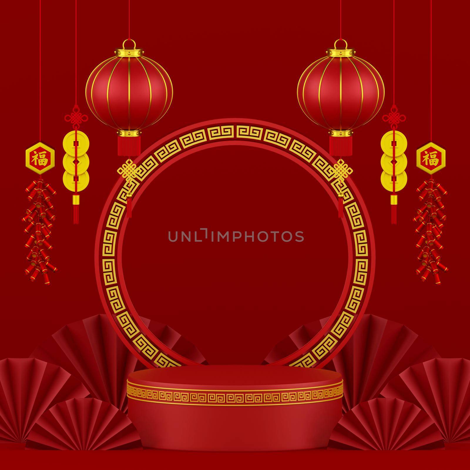 3d illustration of Chinese new year banner with podium and Chinese hanging cracker and coin