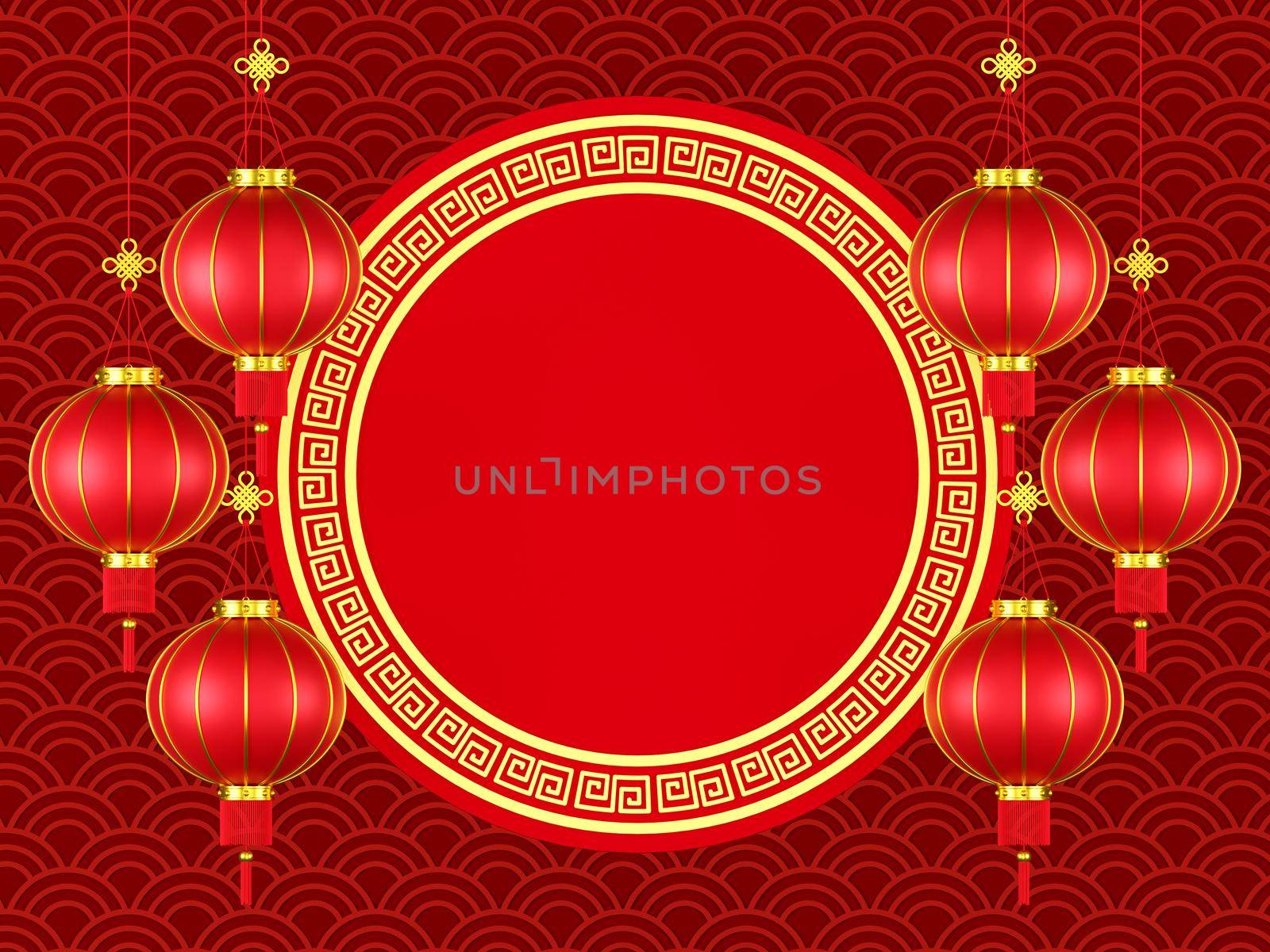 3d illustration of Chinese banner with hanging lantern by nutzchotwarut