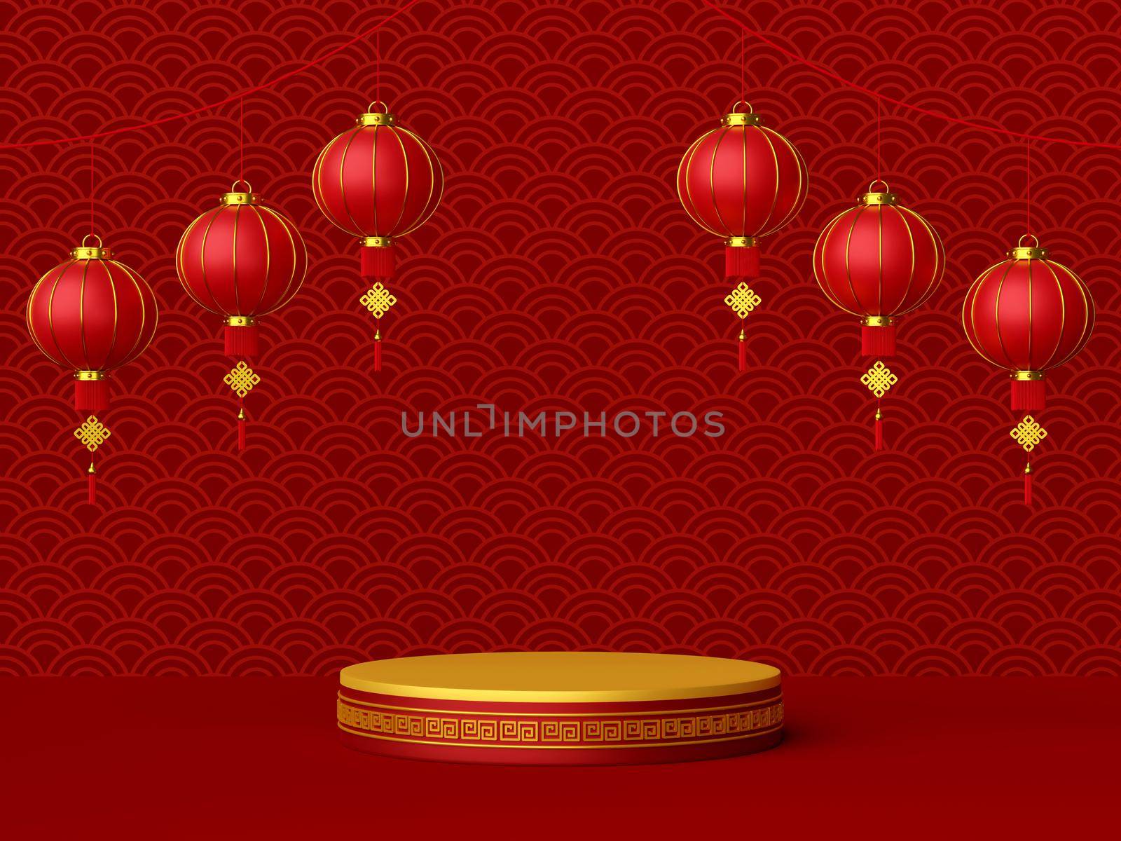 3d illustration of podium with Chinese lantern, Happy Chinese New Year by nutzchotwarut