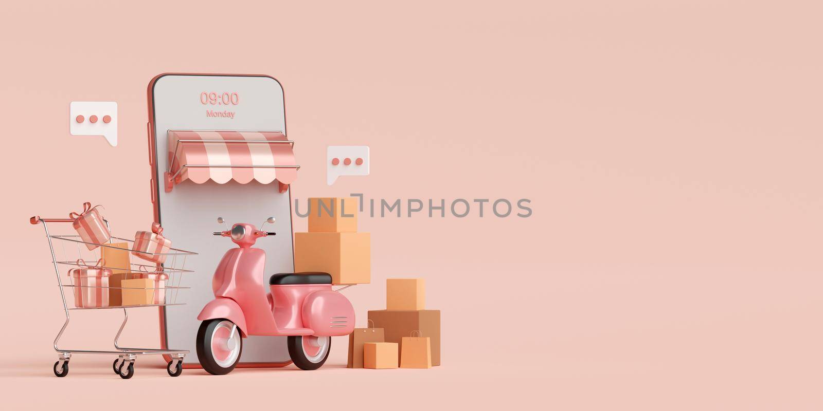 Delivery service on mobile application, Transportation delivery by scooter, 3d rendering