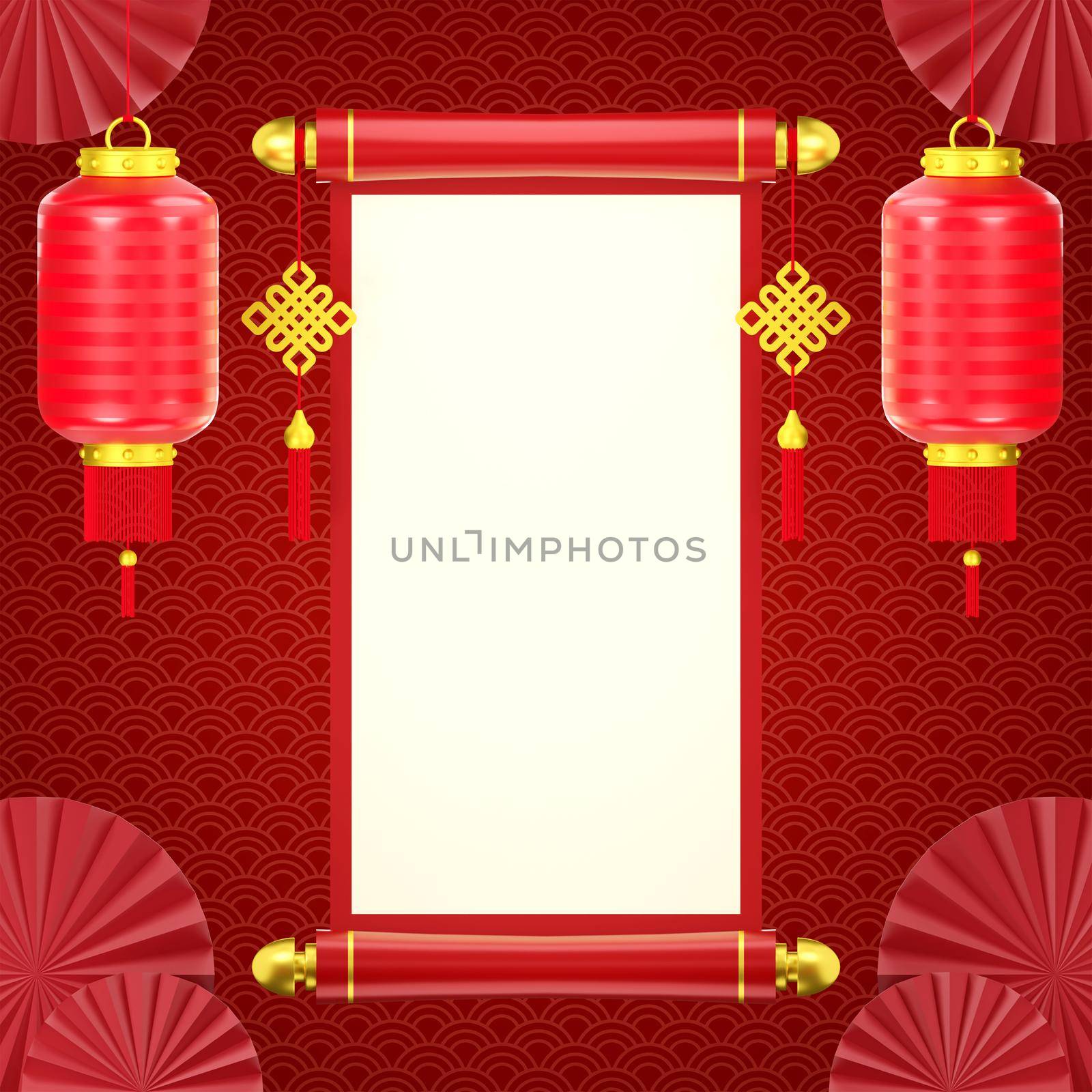3d illustration of Chinese new year banner with Chinese scripture and lantern by nutzchotwarut