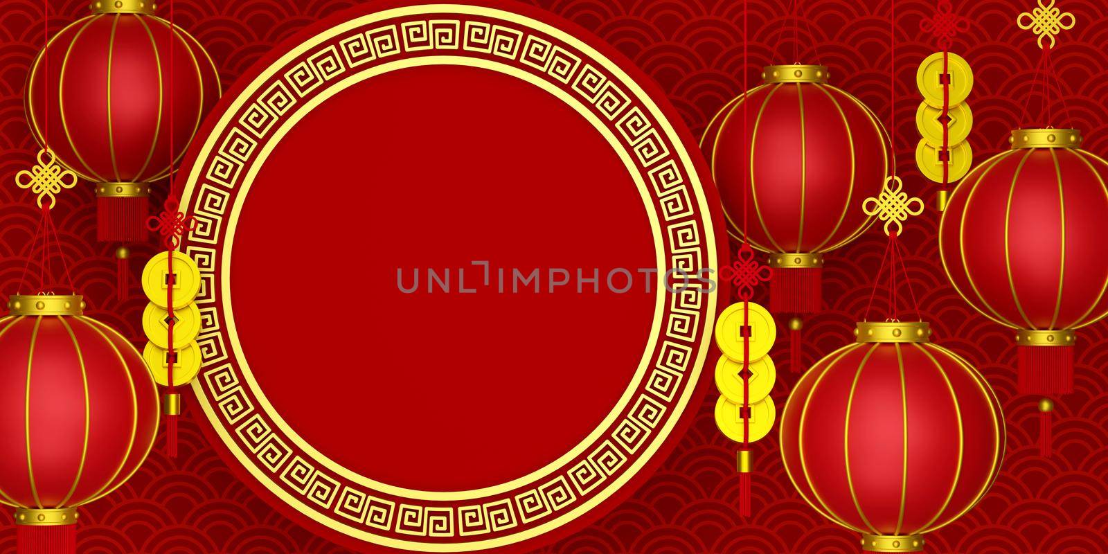 3d illustration of Chinese new year banner with hanging lantern by nutzchotwarut