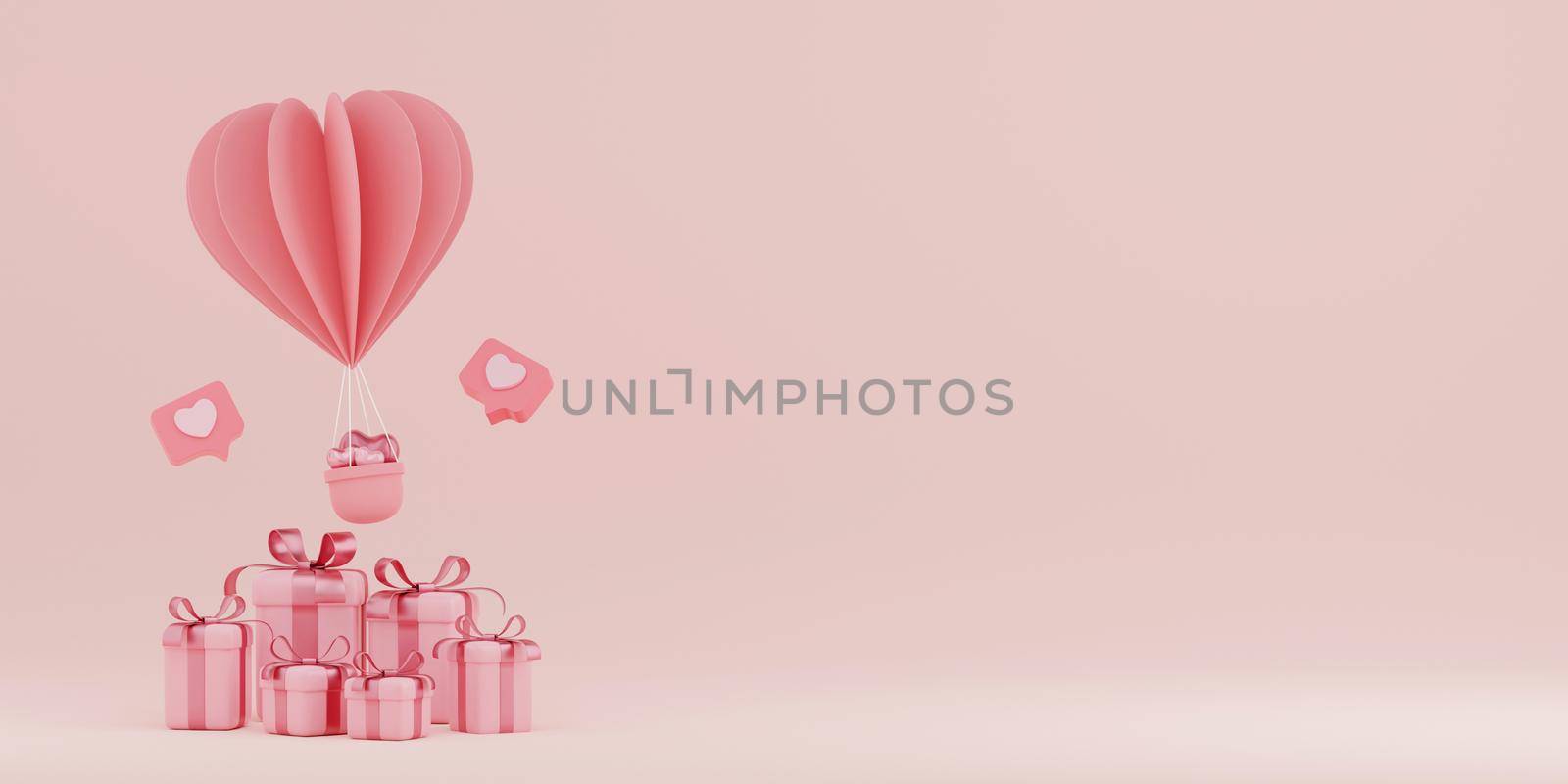 Valentine's day banner background of heart shape balloon with gift box, 3d rendering