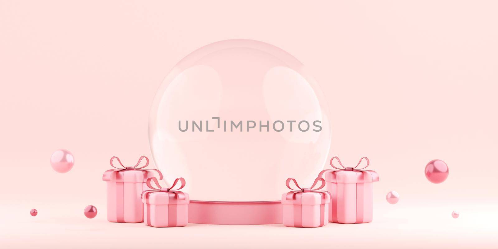 3d illustration banner of crystal globe with gift box, Happy Valentine's Day