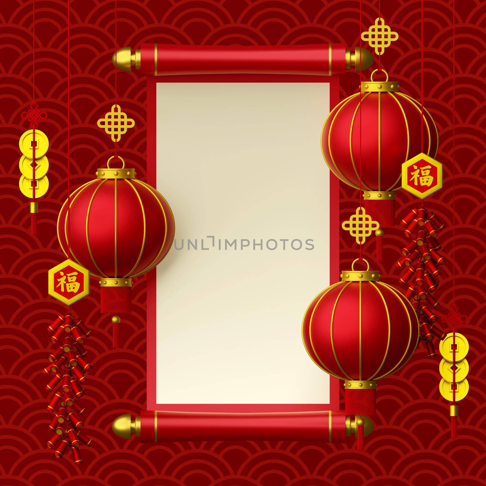 3d illustration of Chinese new year banner with Chinese scripture, hanging lantern, cracker and coin