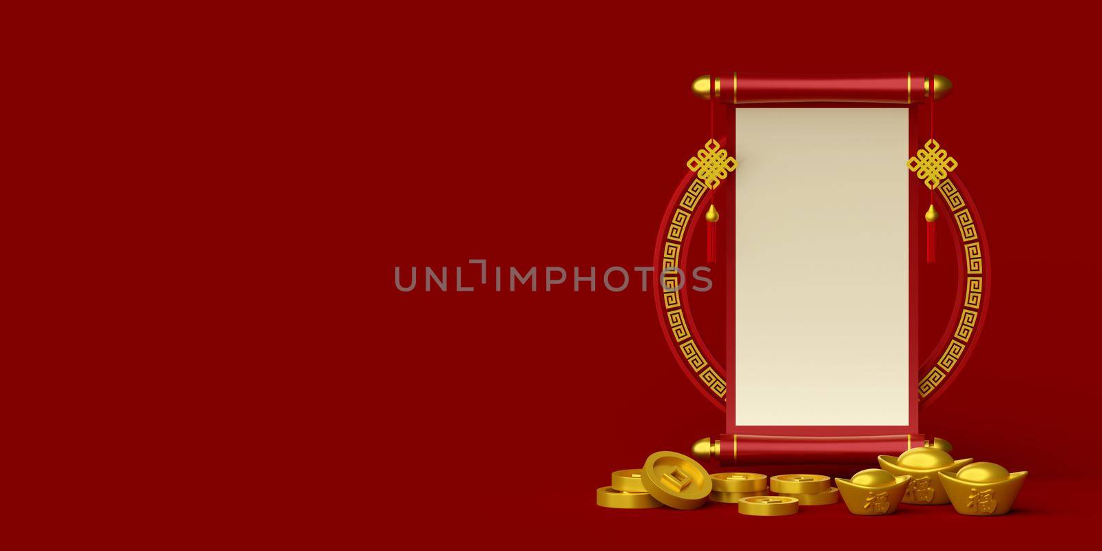 3d illustration of Chinese new year banner with Chinese scripture ,ingot and coin by nutzchotwarut