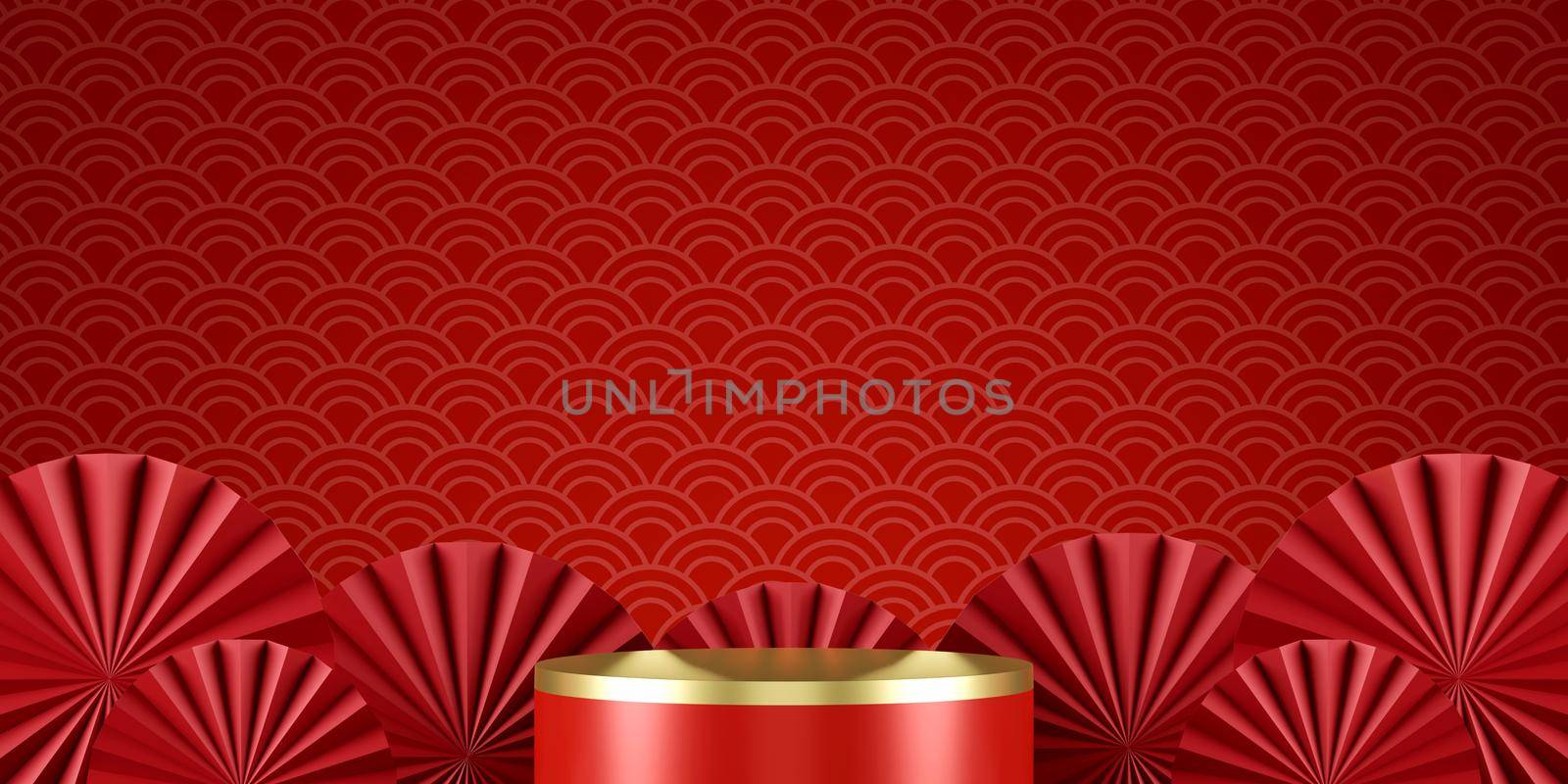 3d illustration of Chinese new year banner with podium for product advertisement by nutzchotwarut