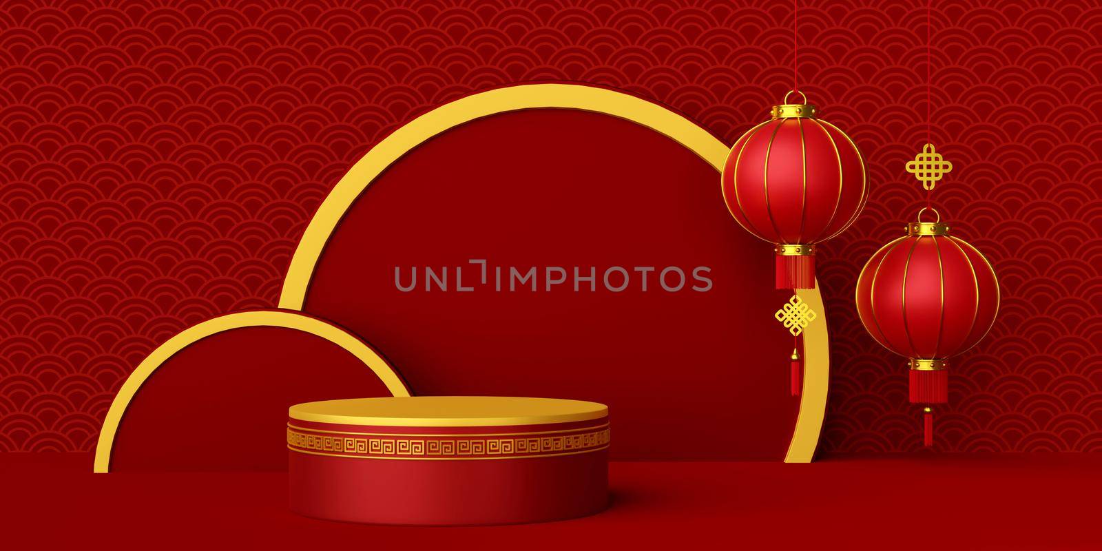 3d illustration of Chinese new year banner with podium and Chinese lantern by nutzchotwarut