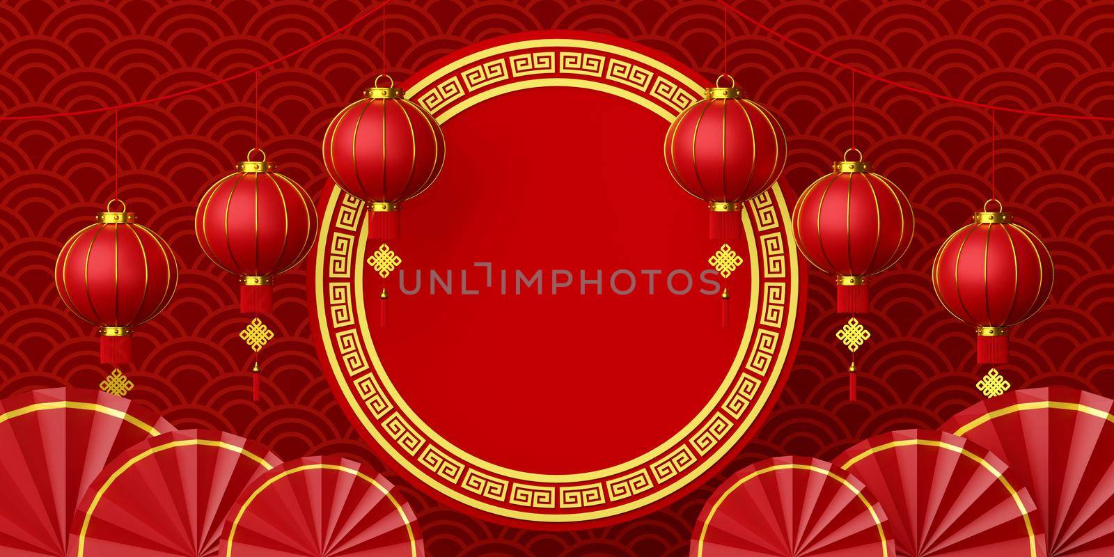 3d illustration of Chinese new year banner with hanging lantern