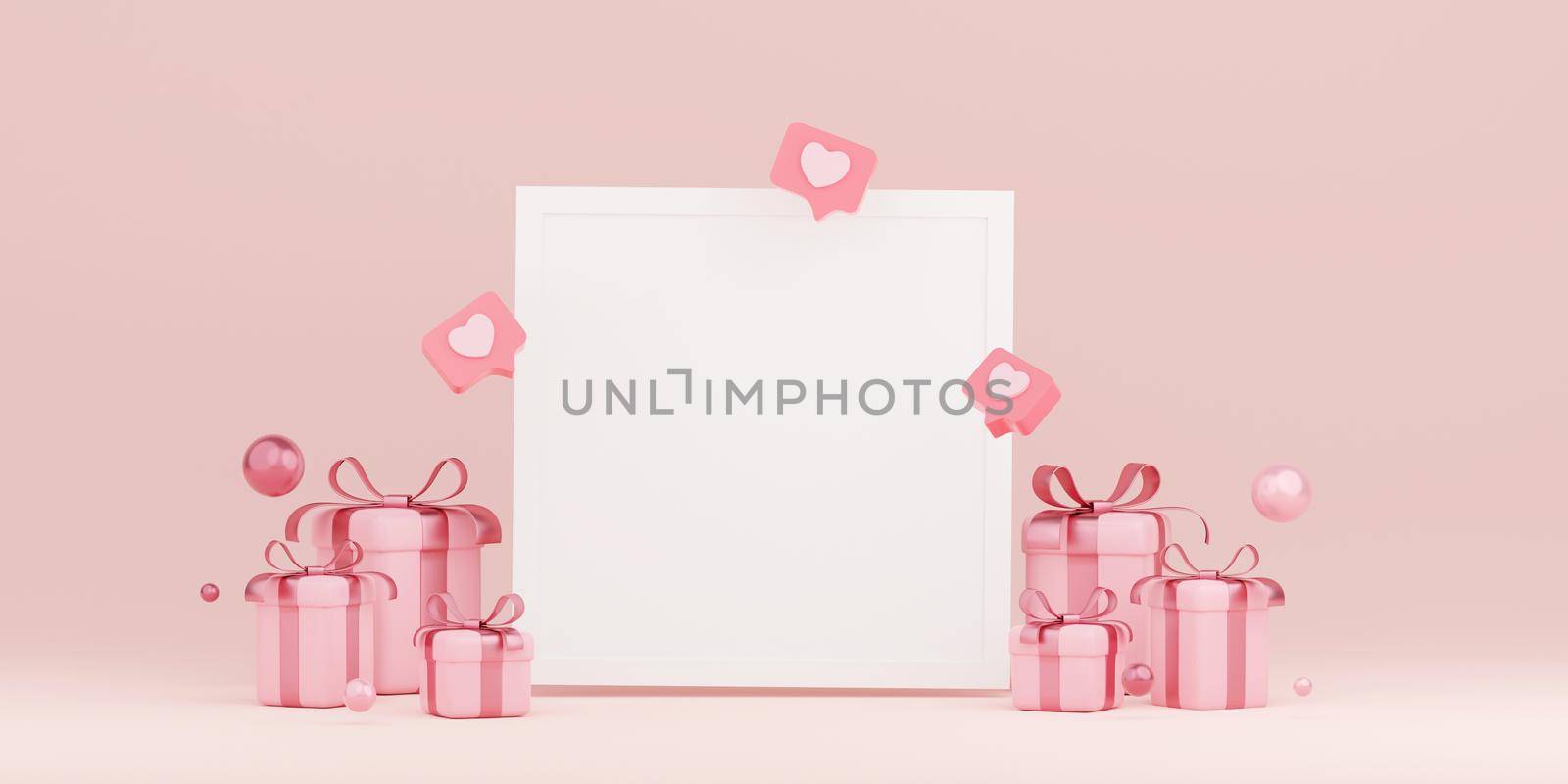 Banner of blank photo frame with pink gift box, 3d illustration by nutzchotwarut