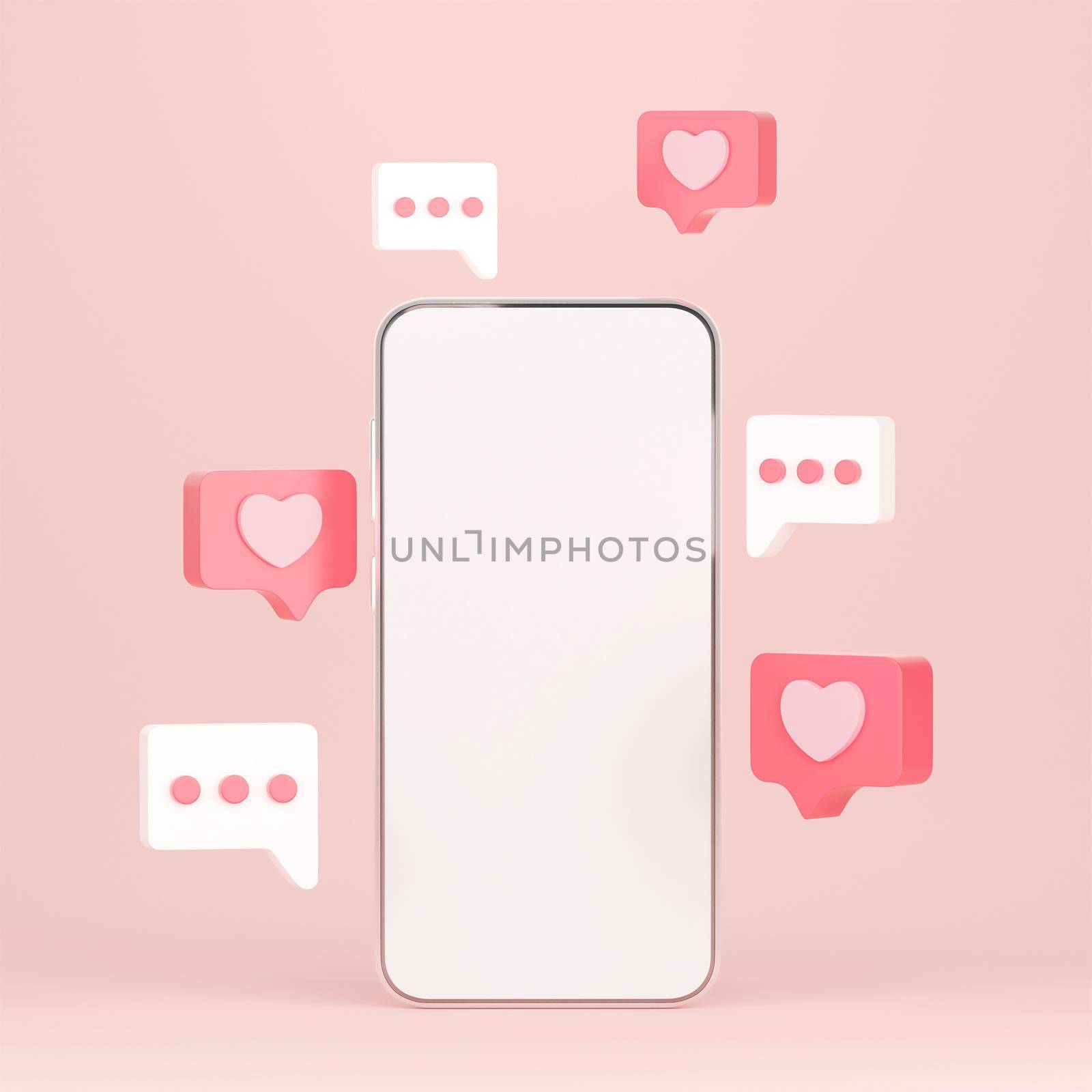 Valentine's day banner background of smartphone with bubble speech, 3d rendering