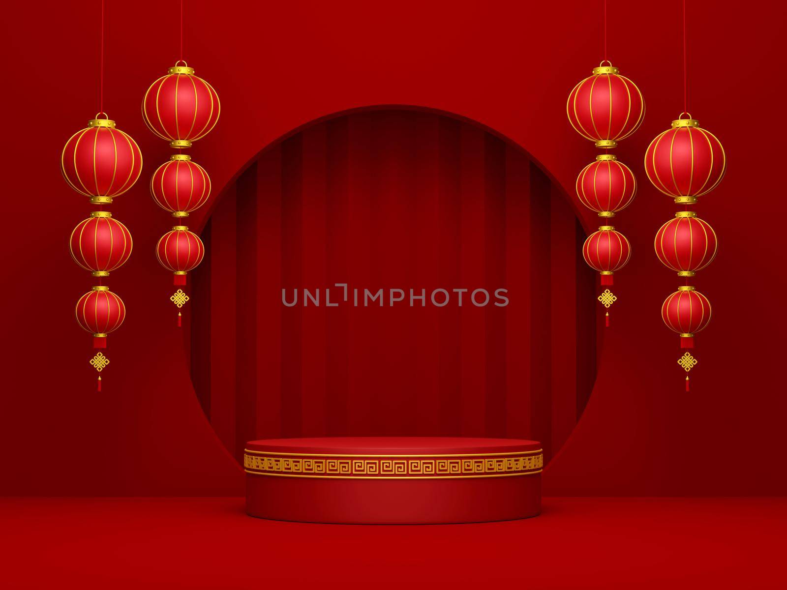 3d illustration of podium with Chinese lantern, Happy Chinese New Year by nutzchotwarut